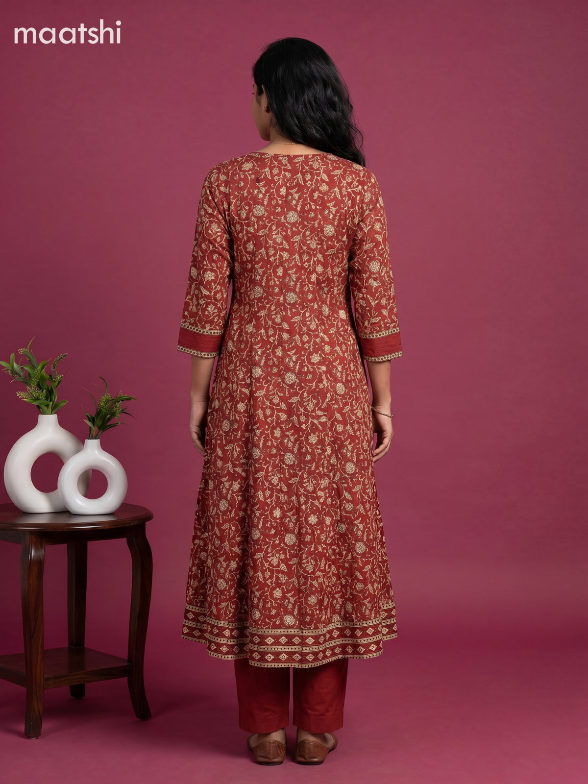 Maroon and Beige Cotton Floral Printed Anarkali Suit