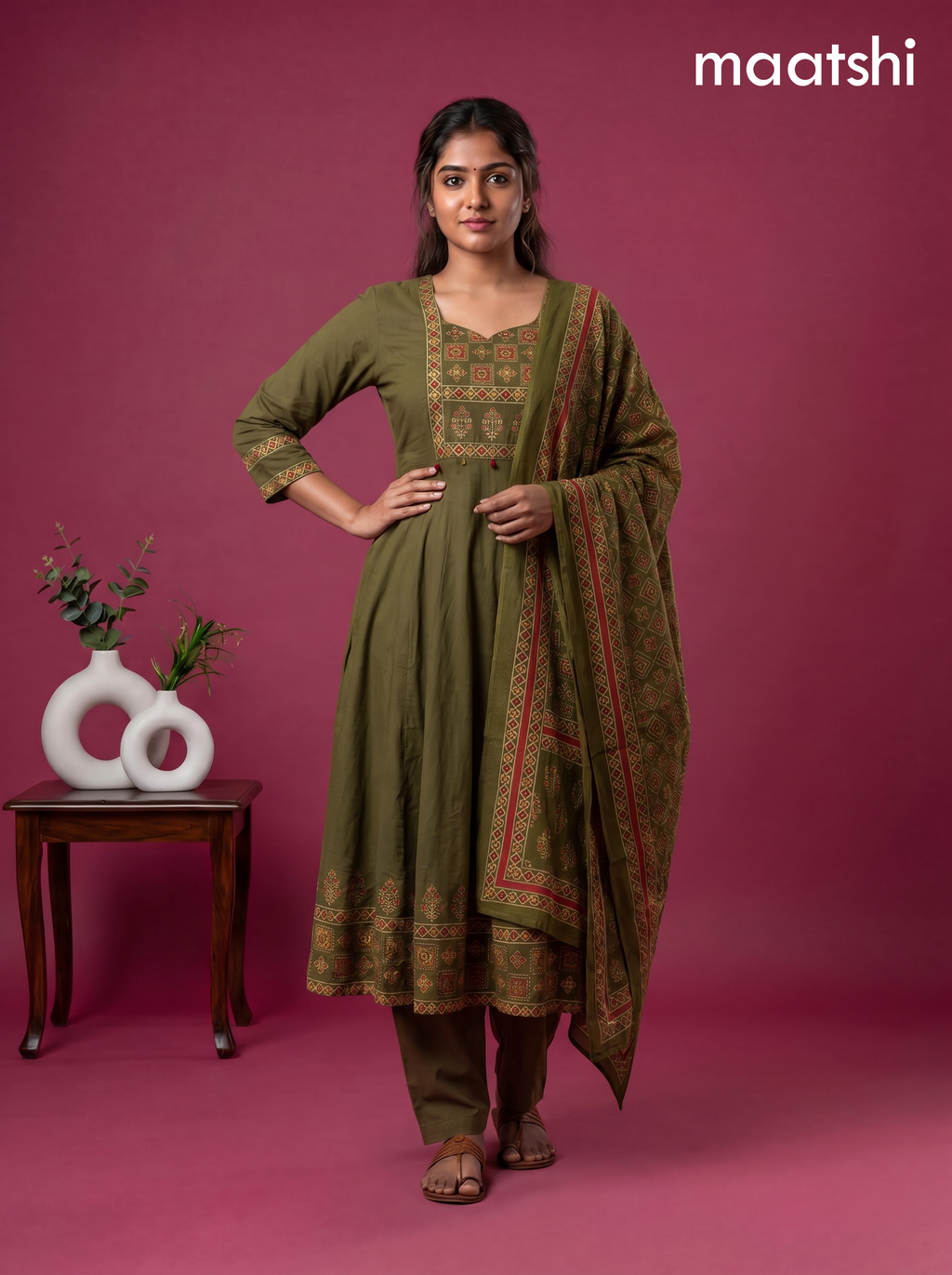 Mehandhi Green Cotton Printed & Simple Embroidery Work Anarkali Suit
