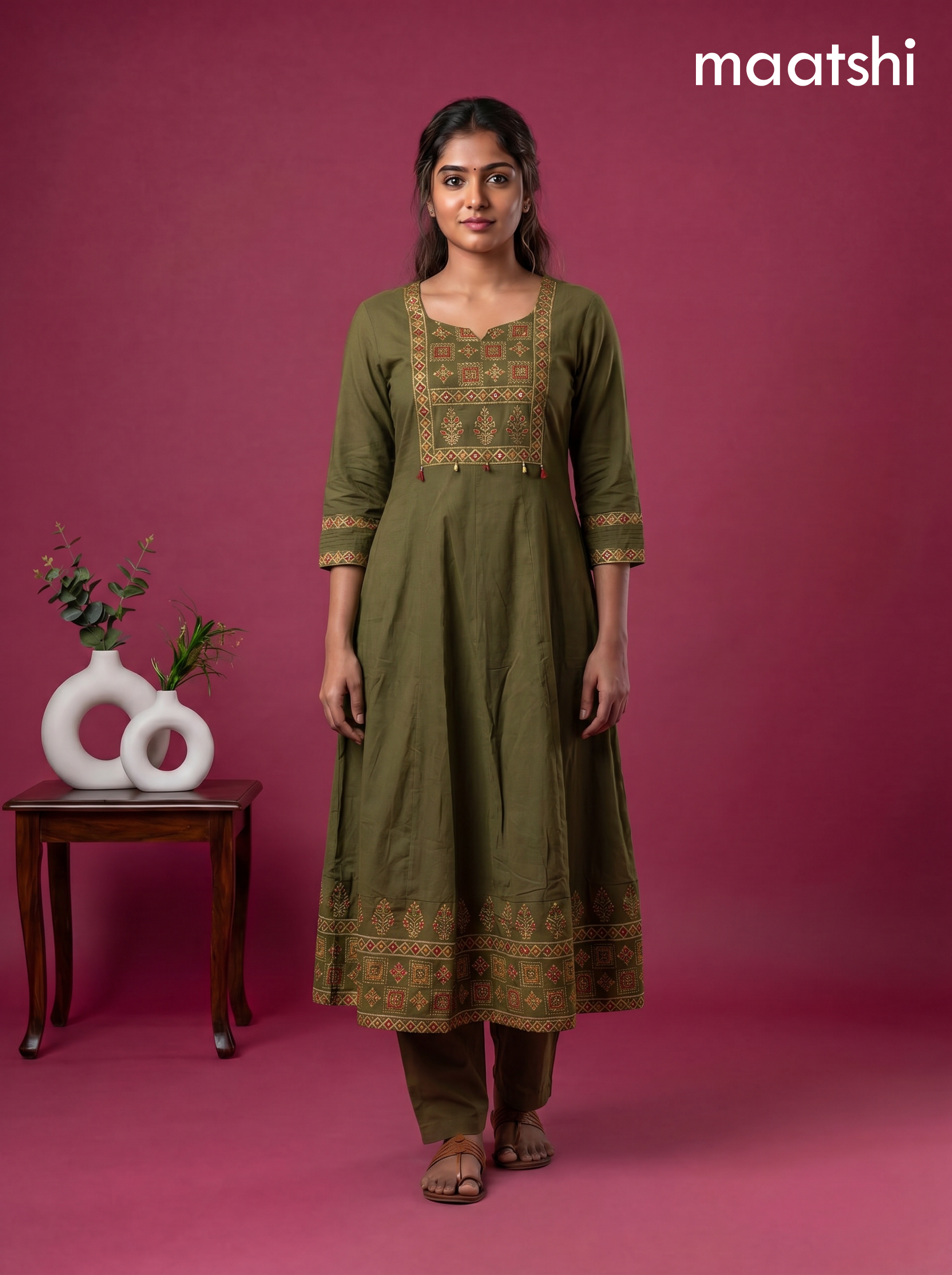 Mehandhi Green Cotton Printed & Simple Embroidery Work Anarkali Suit