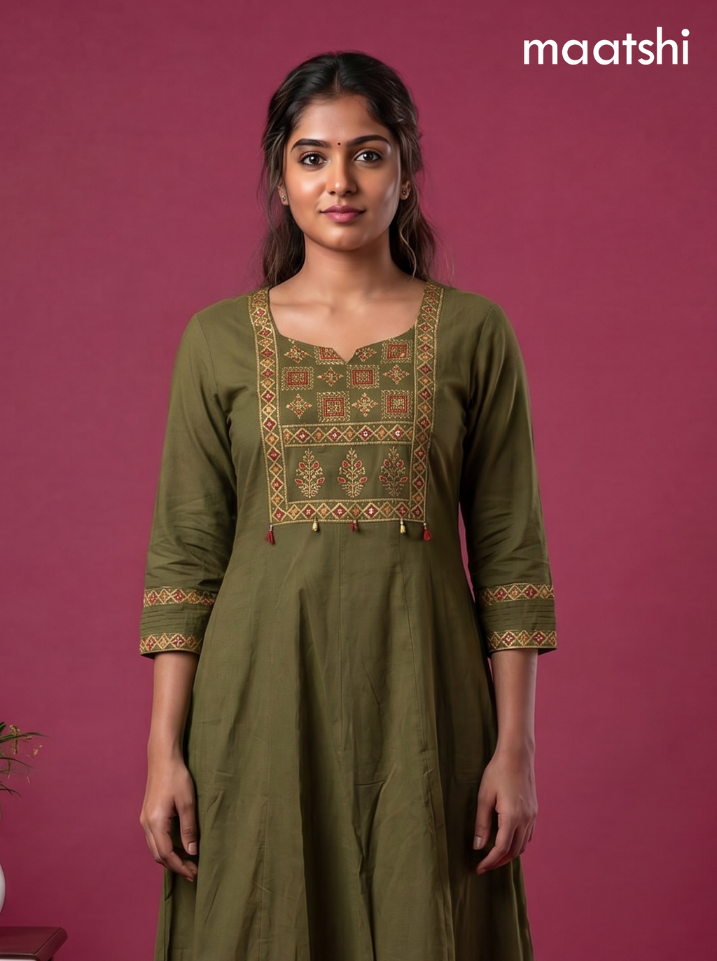 Mehandhi Green Cotton Printed & Simple Embroidery Work Anarkali Suit