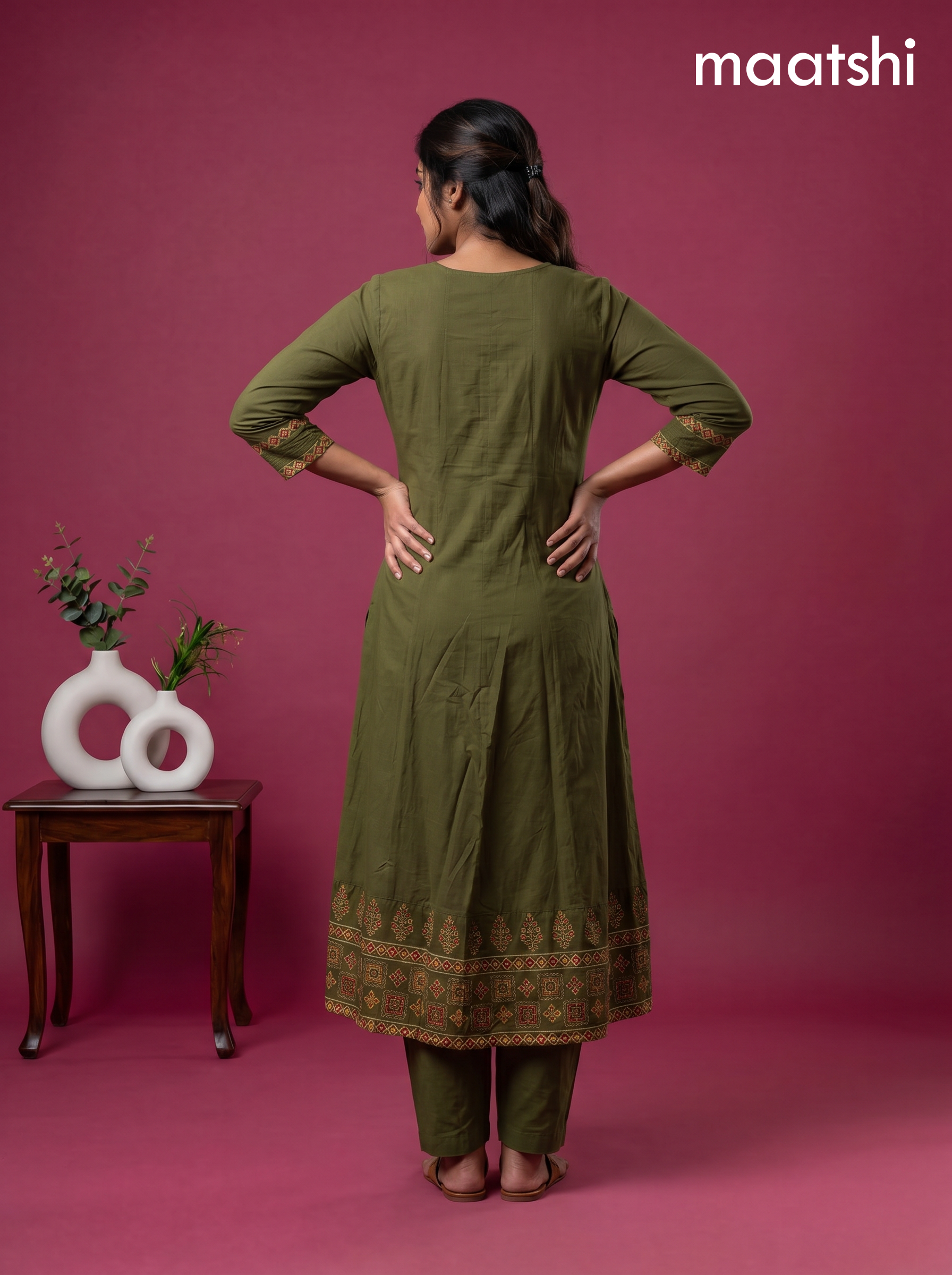 Mehandhi Green Cotton Printed & Simple Embroidery Work Anarkali Suit