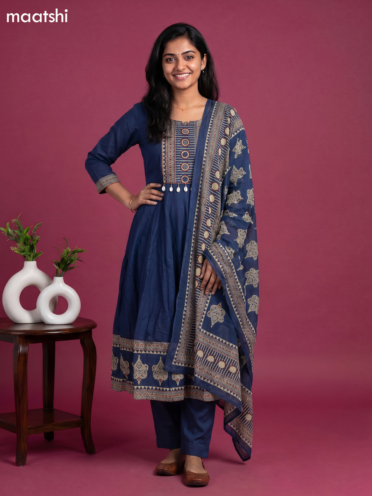 Blue Cotton Printed & Simple Embroidery Work Anarkali Suit