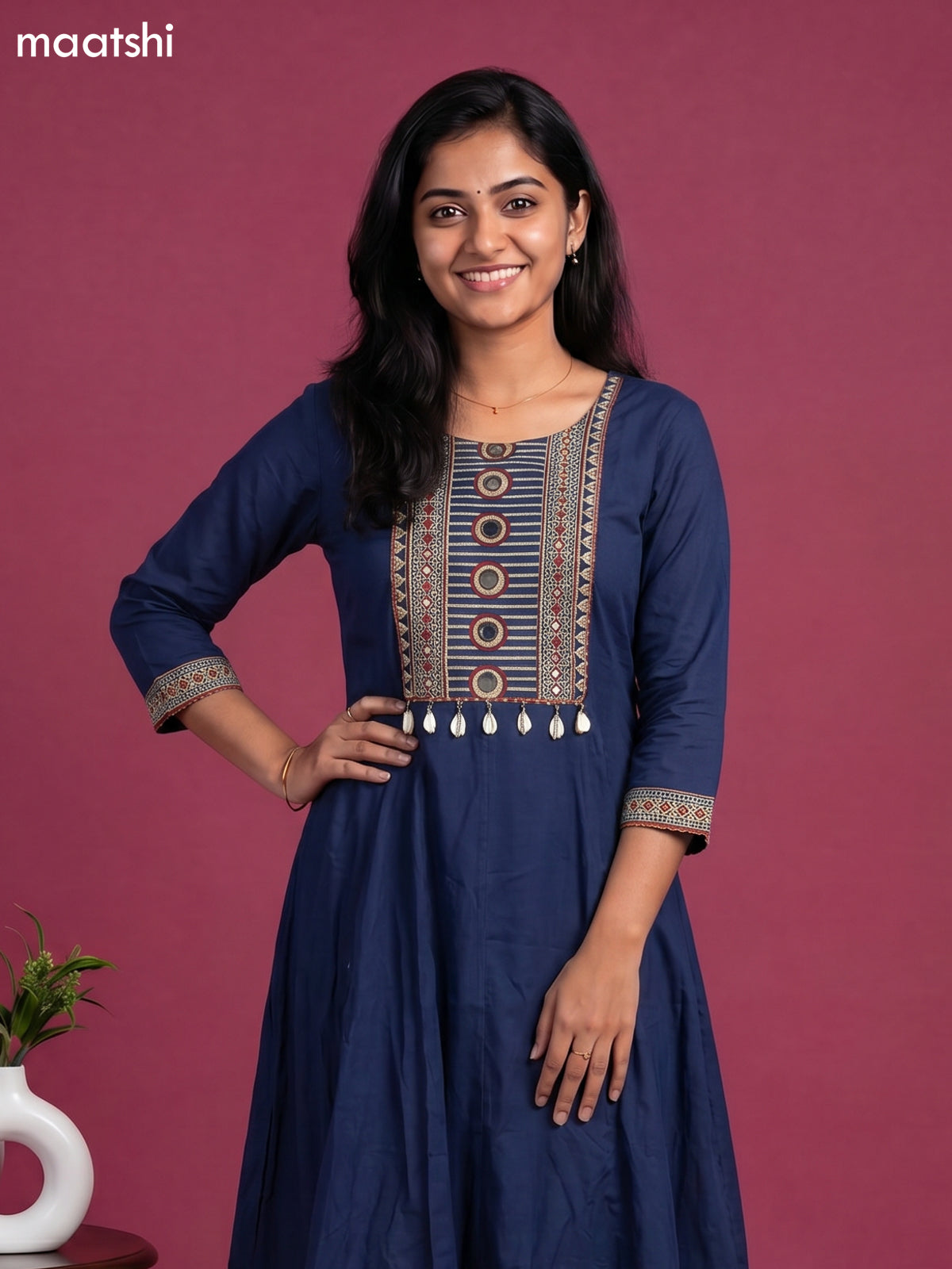 Blue Cotton Printed & Simple Embroidery Work Anarkali Suit