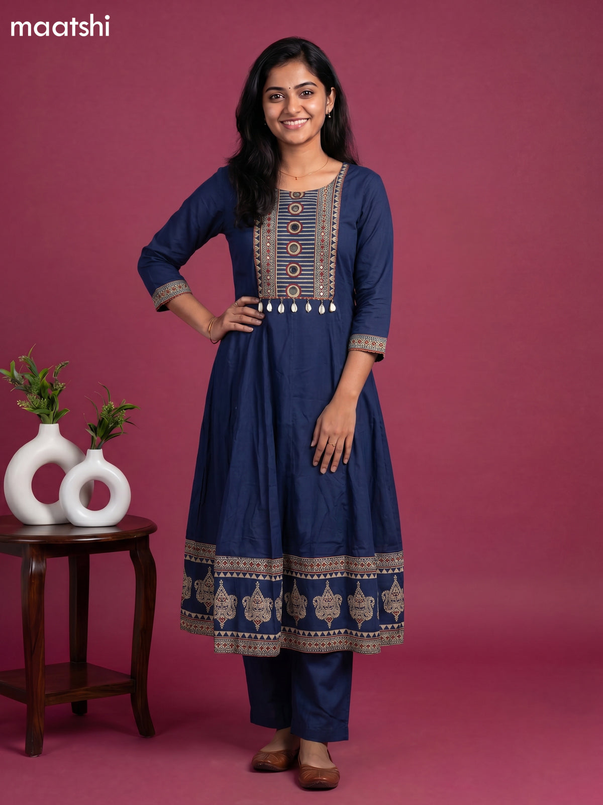 Blue Cotton Printed & Simple Embroidery Work Anarkali Suit