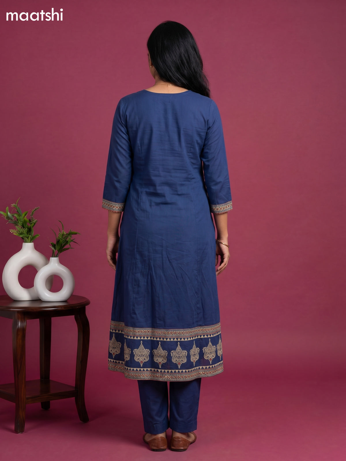 Blue Cotton Printed & Simple Embroidery Work Anarkali Suit