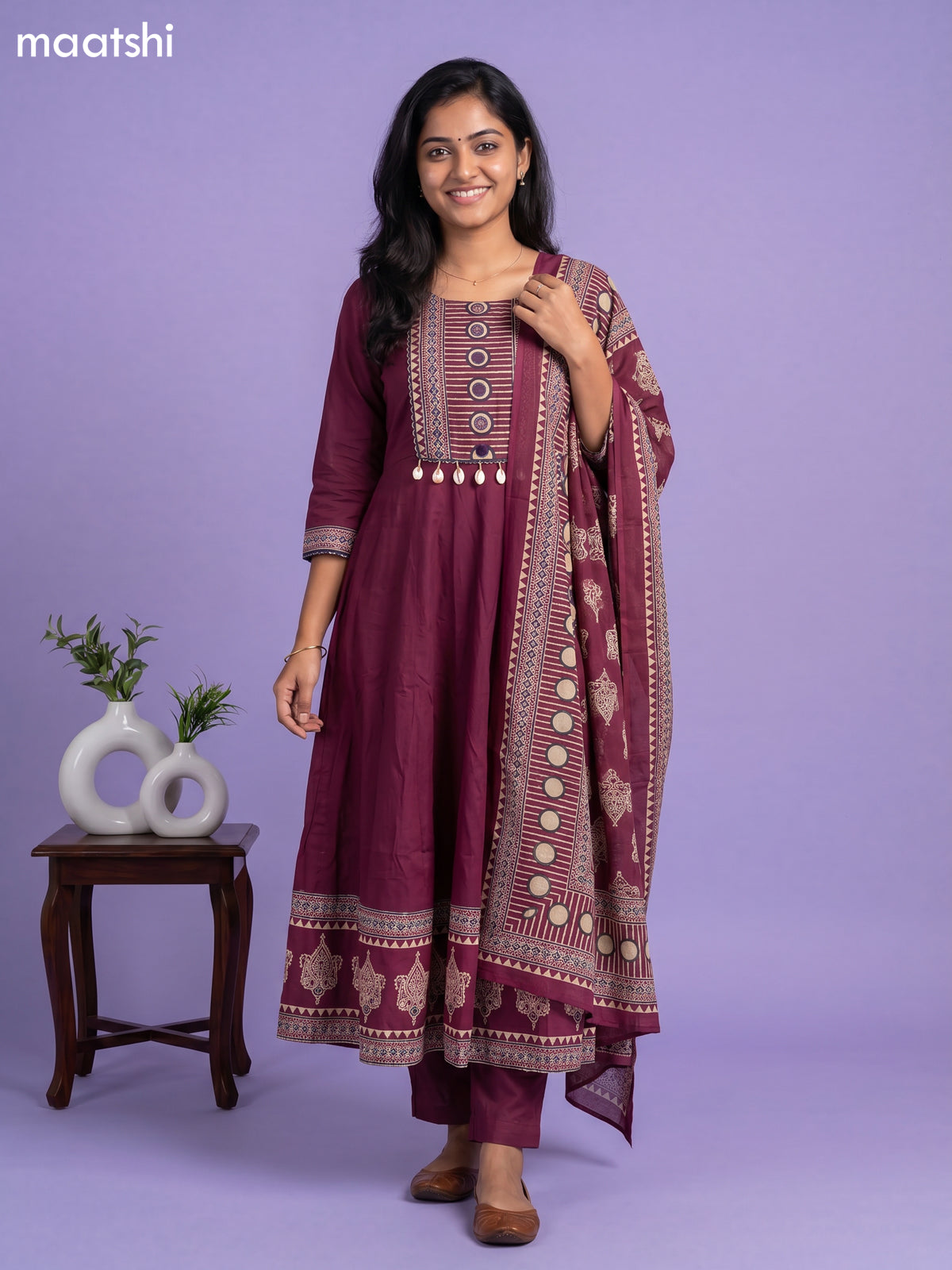 Purple Cotton Printed & Simple Embroidery Work Anarkali Suit