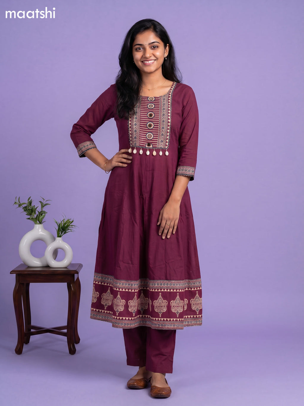 Purple Cotton Printed & Simple Embroidery Work Anarkali Suit