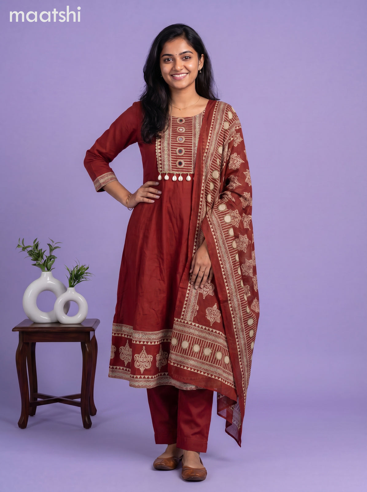 Maroon Cotton Printed & Simple Embroidery Work Anarkali Suit