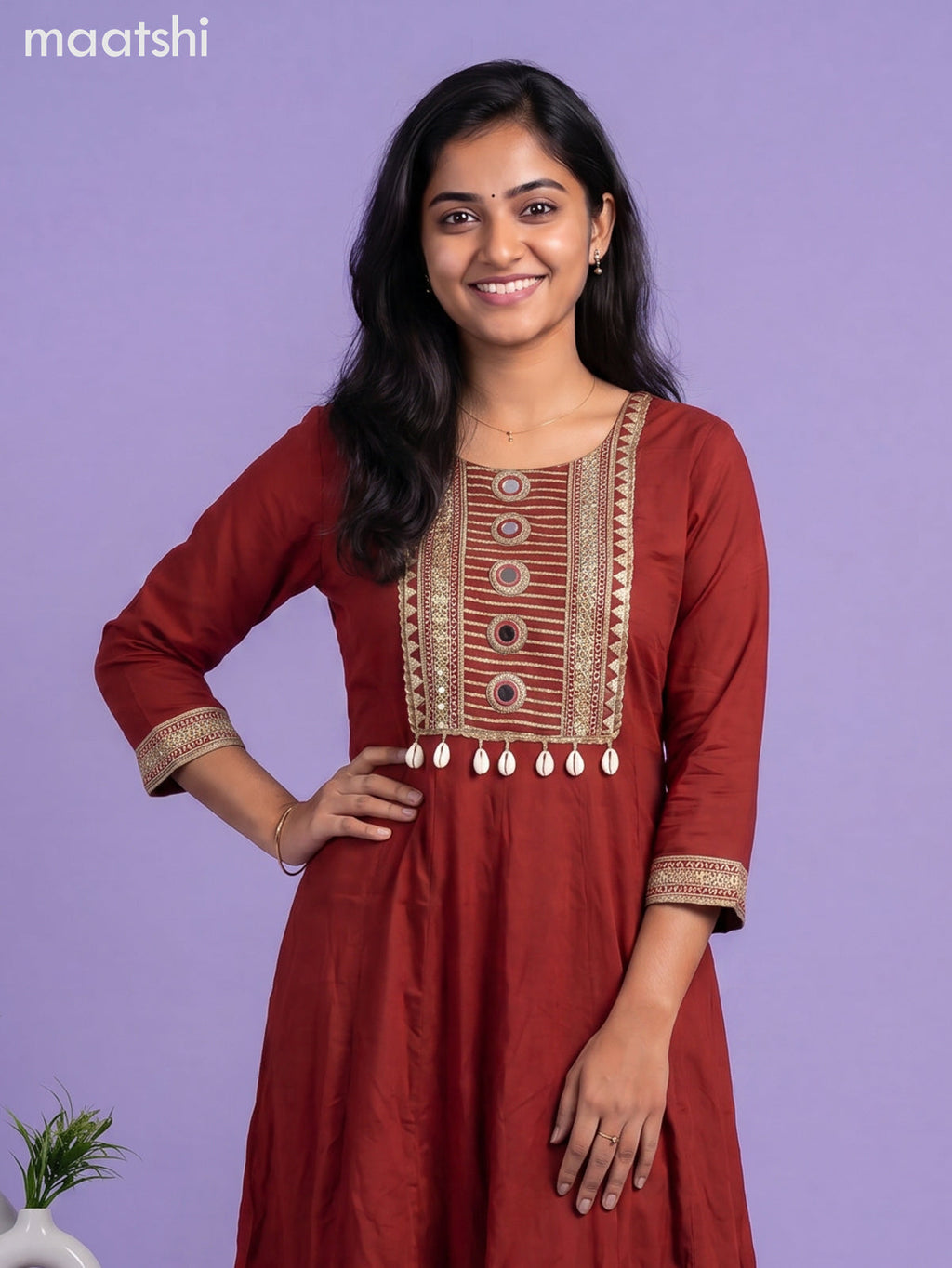 Maroon Cotton Printed & Simple Embroidery Work Anarkali Suit