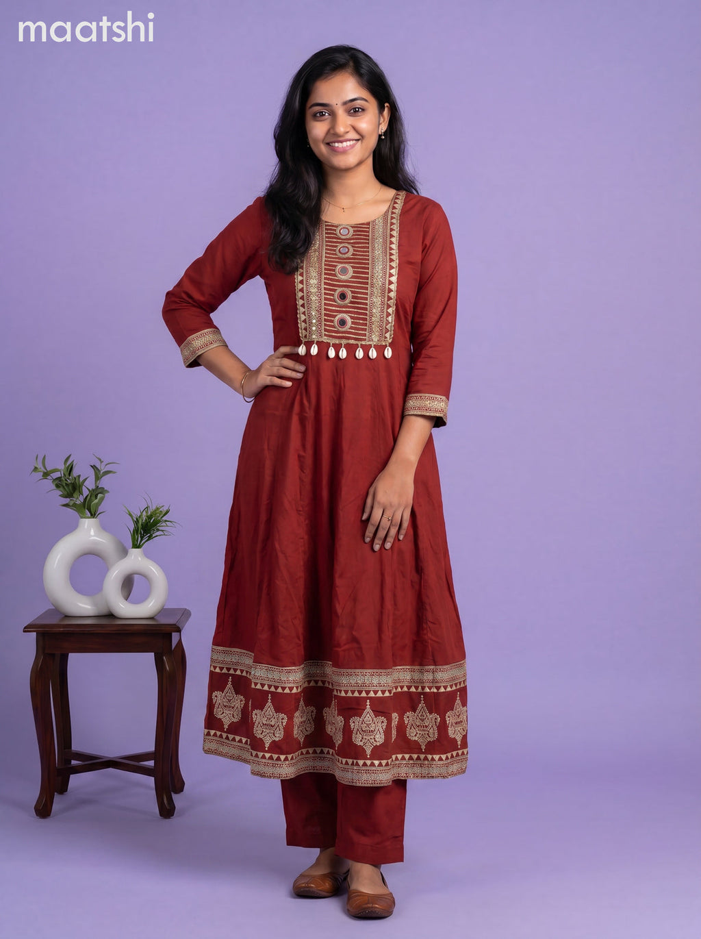 Maroon Cotton Printed & Simple Embroidery Work Anarkali Suit