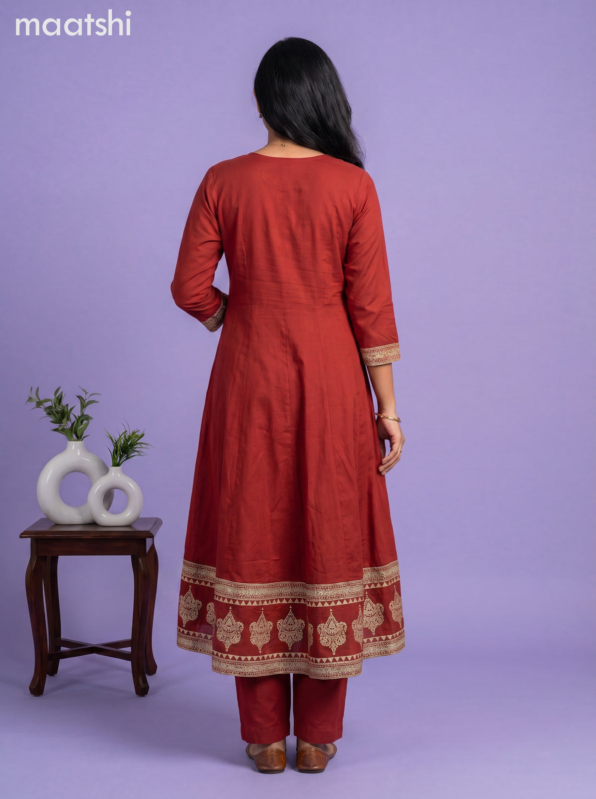 Maroon Cotton Printed & Simple Embroidery Work Anarkali Suit