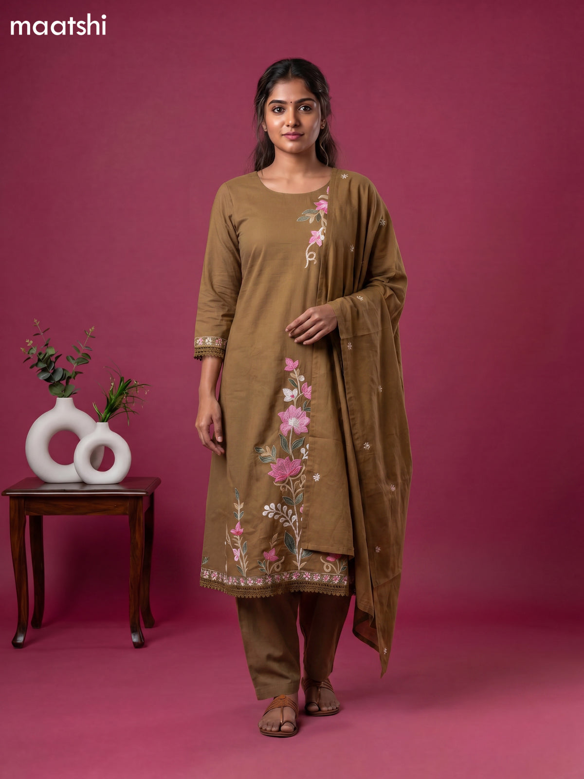 Chiku Shade Cotton Simple Embroidery Work A-Line Suit