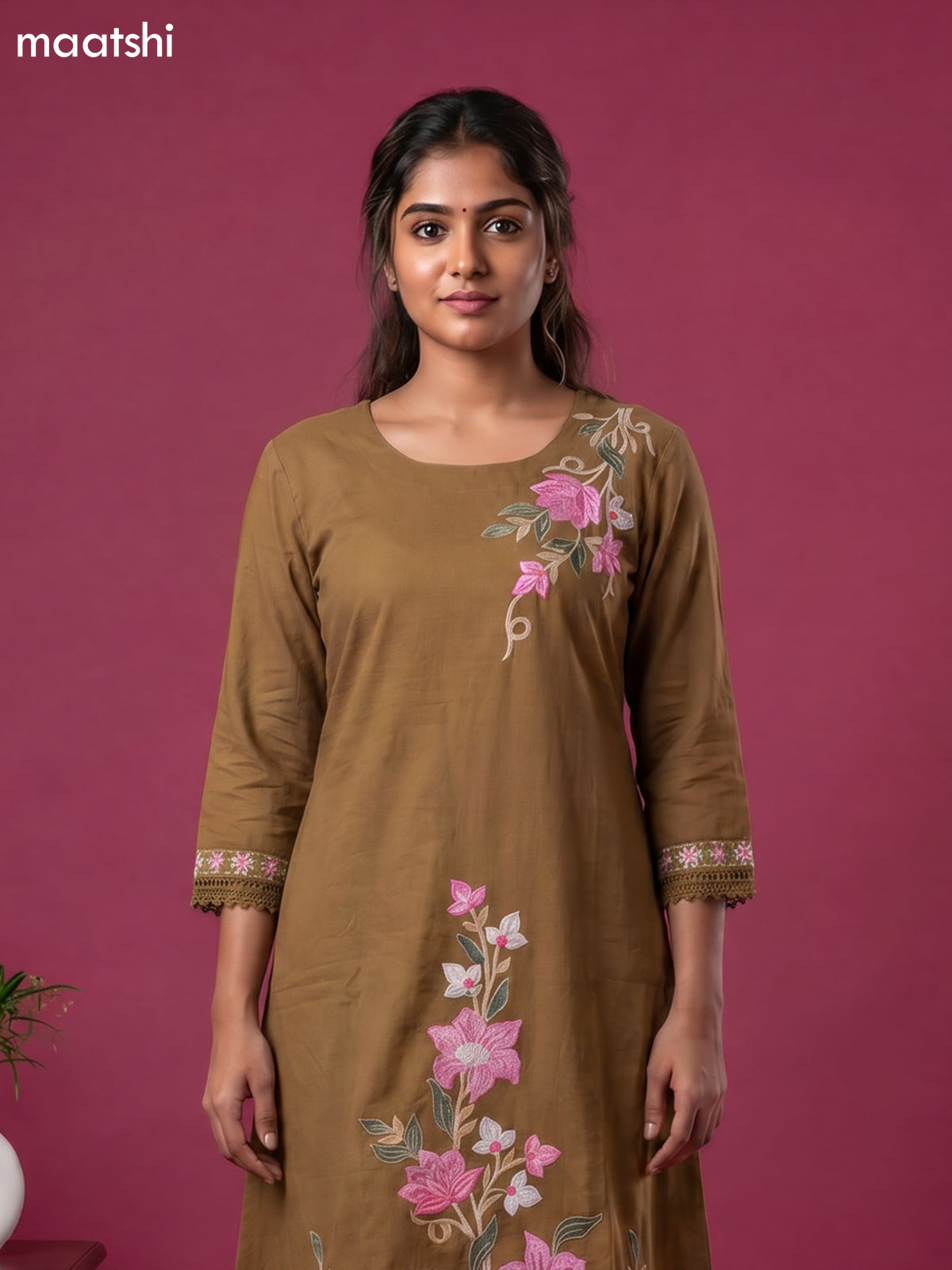 Chiku Shade Cotton Simple Embroidery Work A-Line Suit