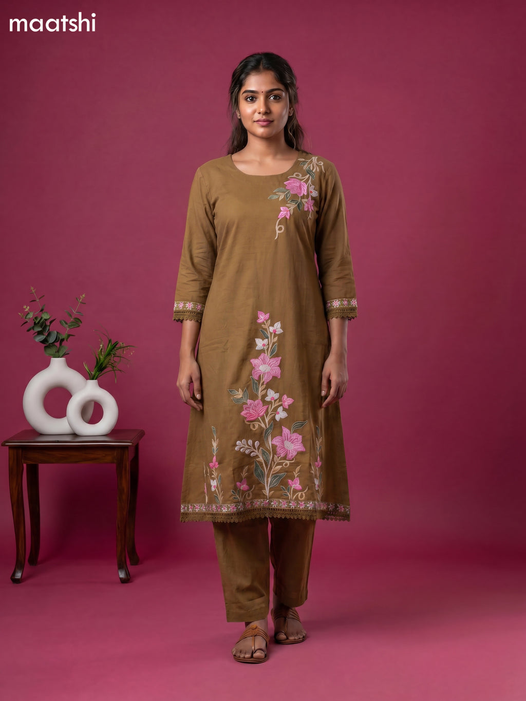 Chiku Shade Cotton Simple Embroidery Work A-Line Suit