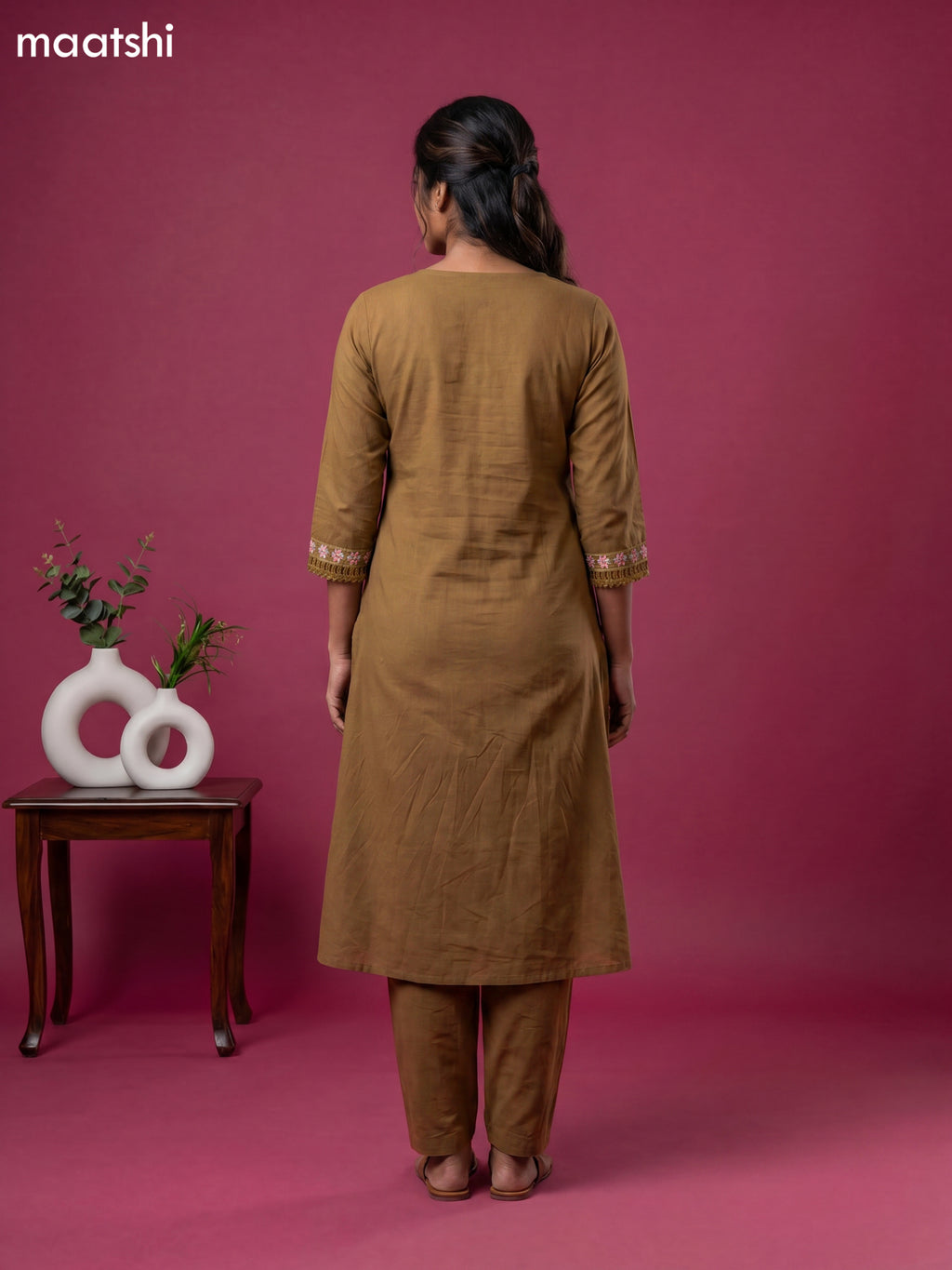Chiku Shade Cotton Simple Embroidery Work A-Line Suit
