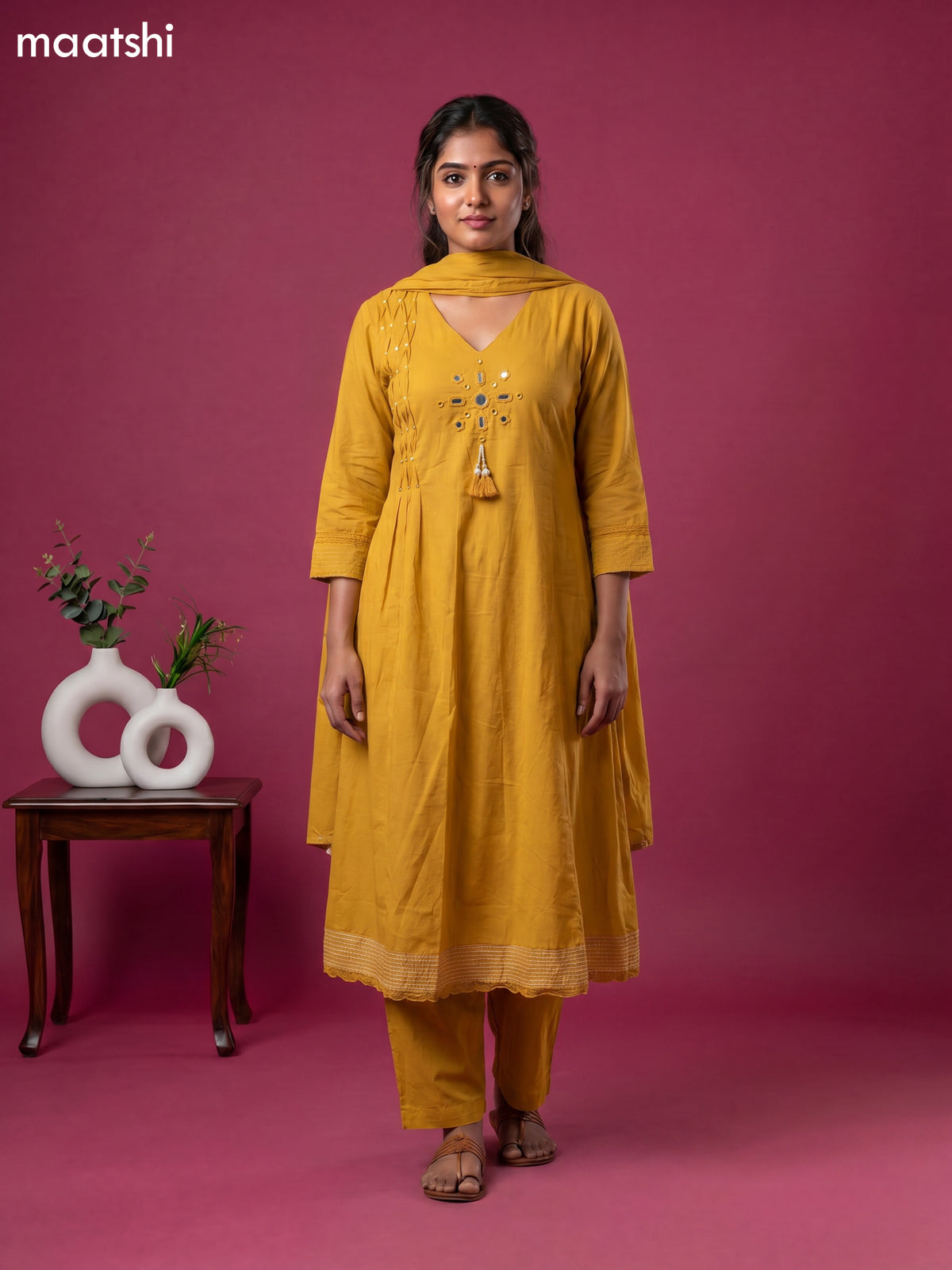Mustard Yellow Cotton Mirror Embroidery Work Anarkali Suit