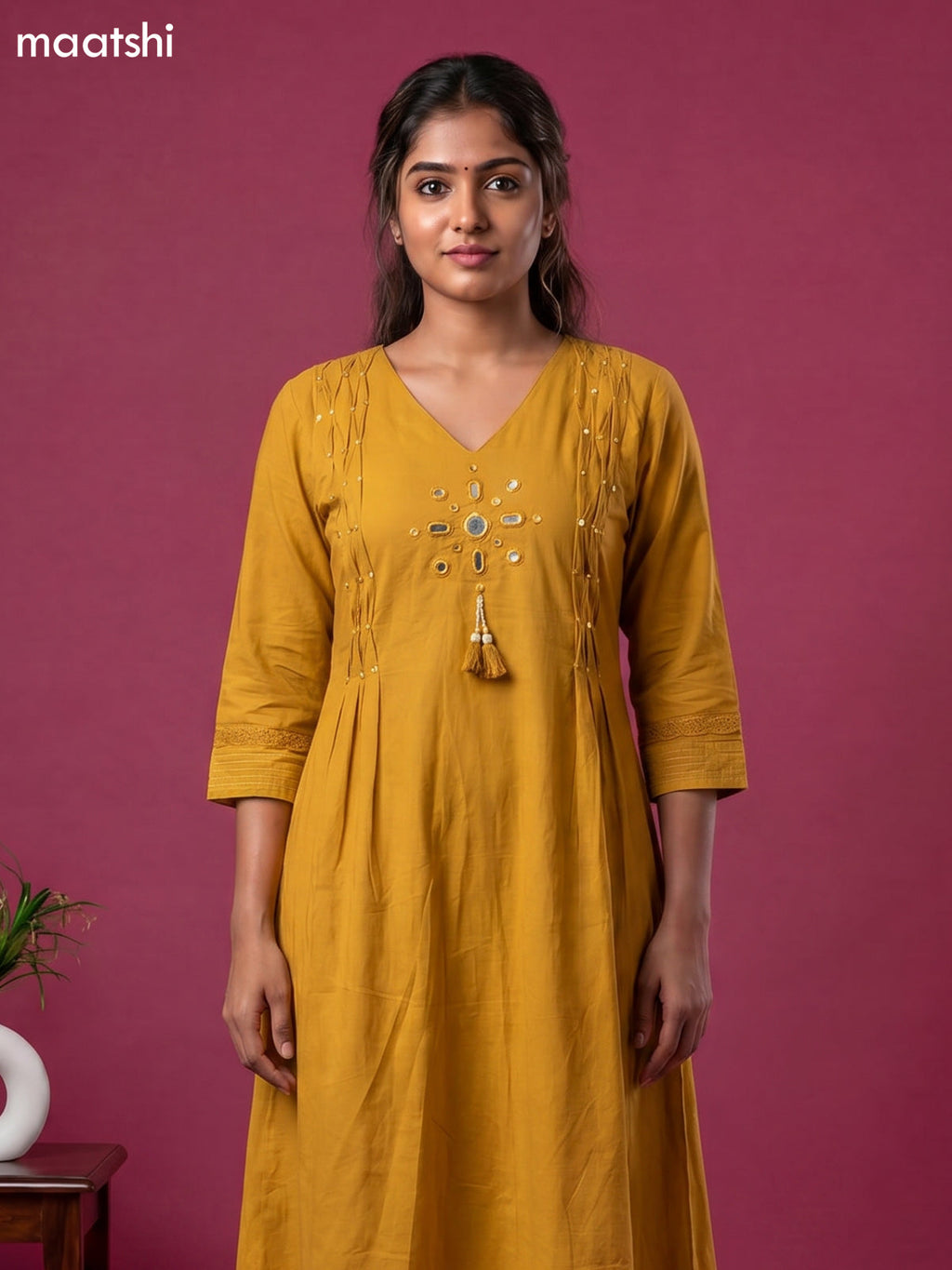 Mustard Yellow Cotton Mirror Embroidery Work Anarkali Suit