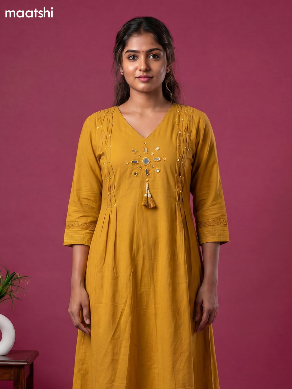 Mustard Yellow Cotton Mirror Embroidery Work Anarkali Suit
