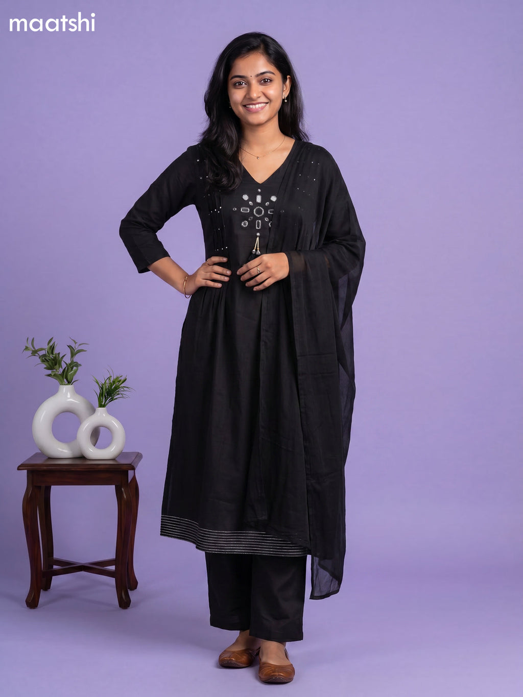 Black Cotton Mirror Embroidery Work Anarkali Suit