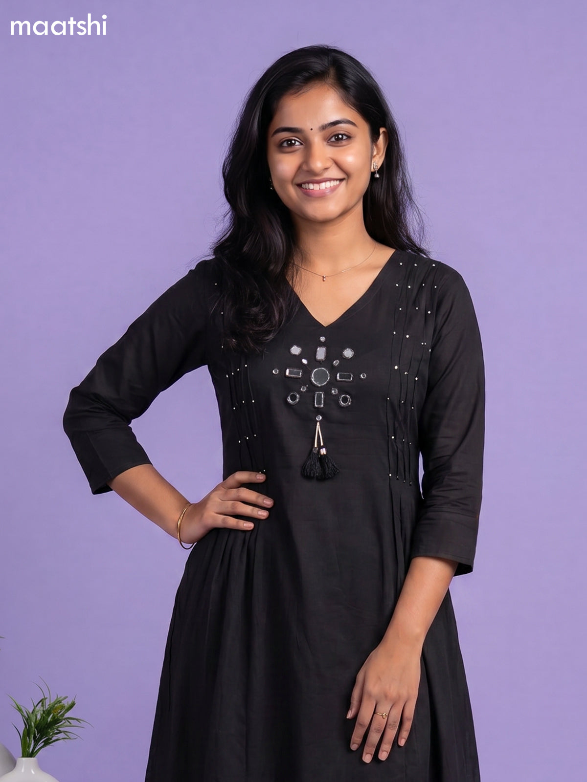 Black Cotton Mirror Embroidery Work Anarkali Suit