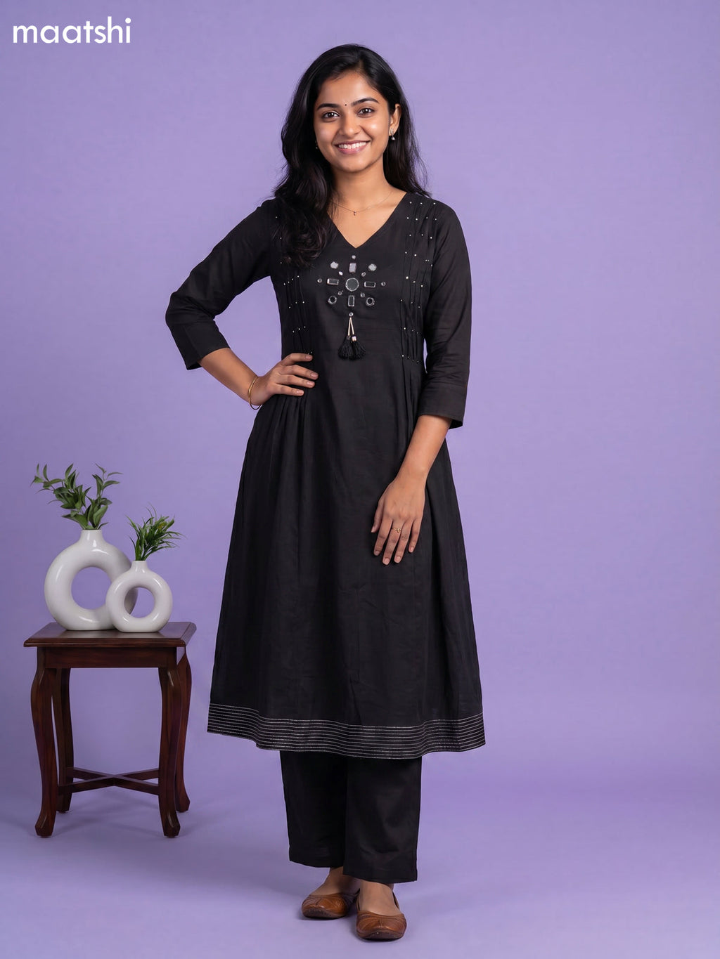 Black Cotton Mirror Embroidery Work Anarkali Suit