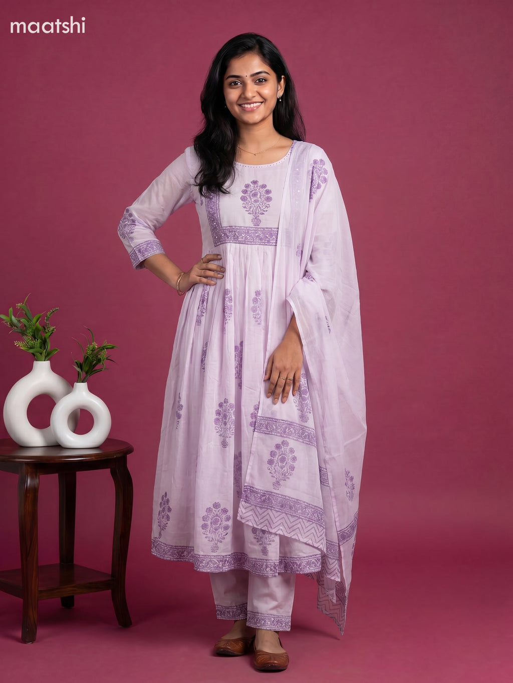 Baby Pink and Purple Cotton Floral Printed Anarkali Suit