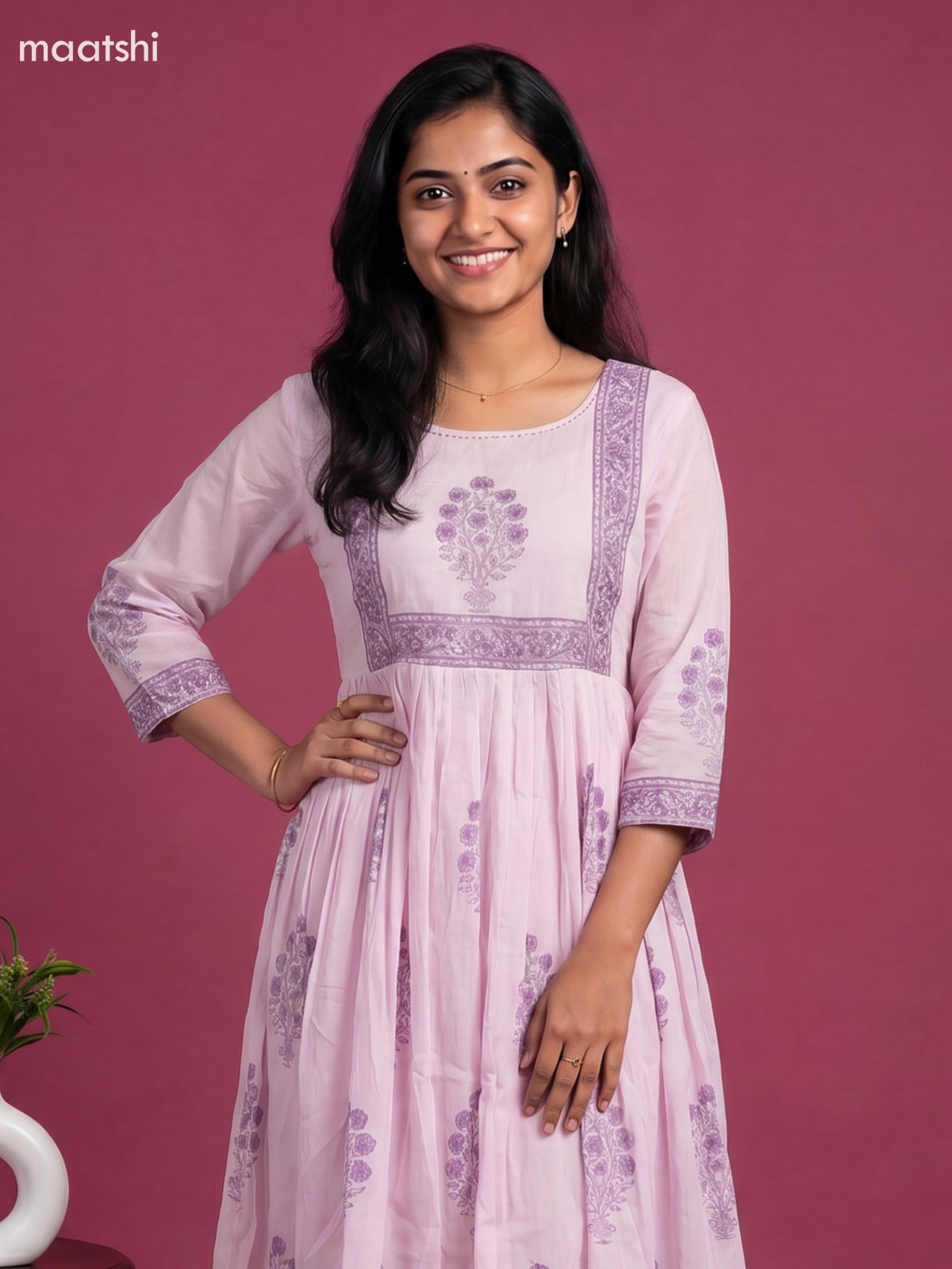 Baby Pink and Purple Cotton Floral Printed Anarkali Suit