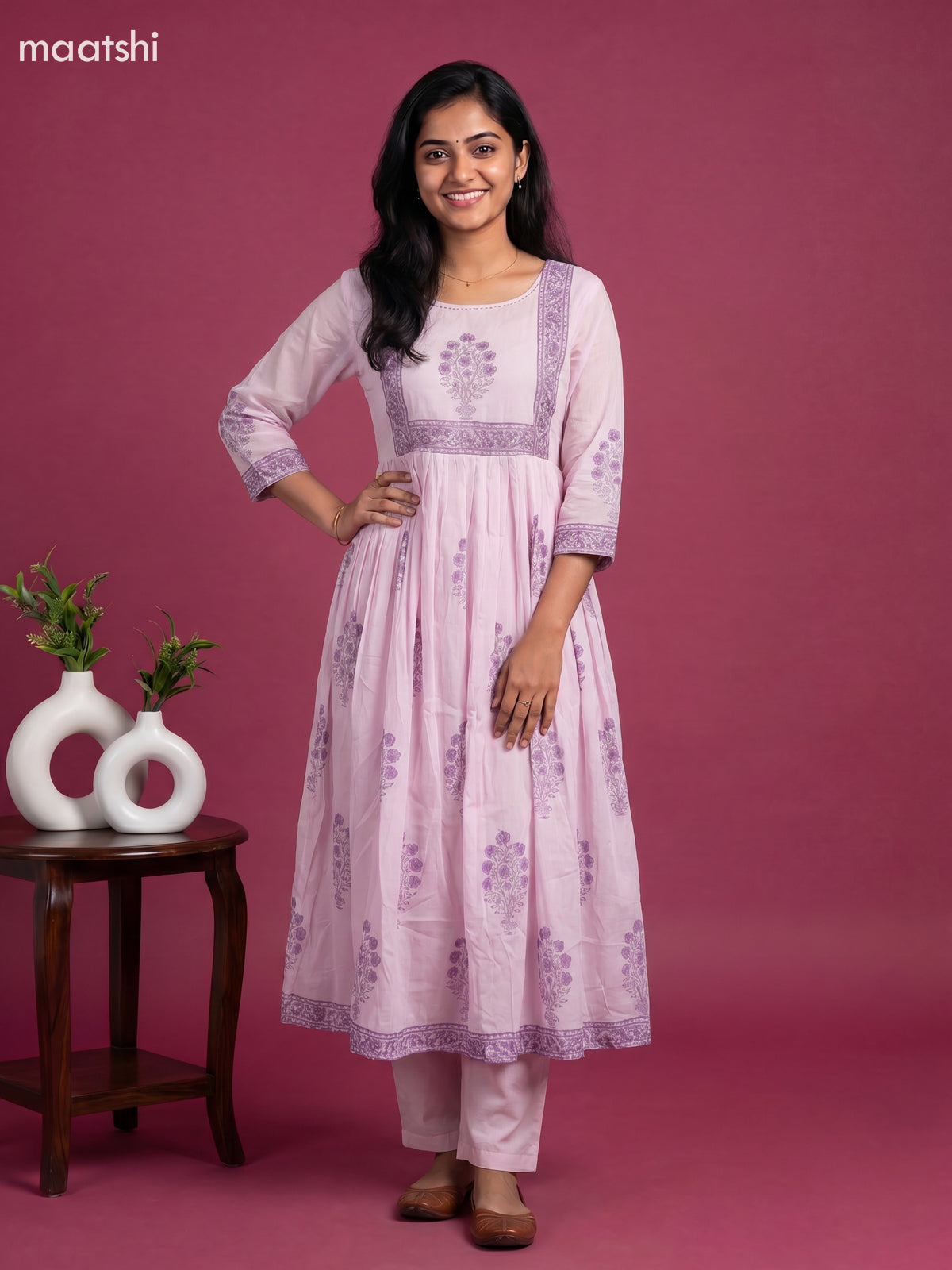 Baby Pink and Purple Cotton Floral Printed Anarkali Suit