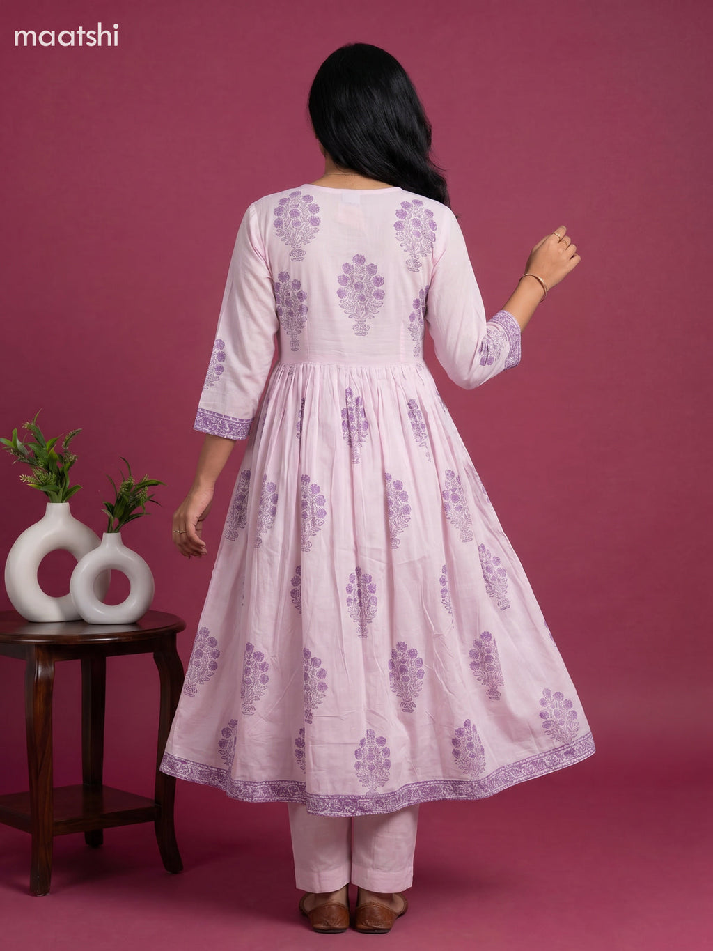 Baby Pink and Purple Cotton Floral Printed Anarkali Suit