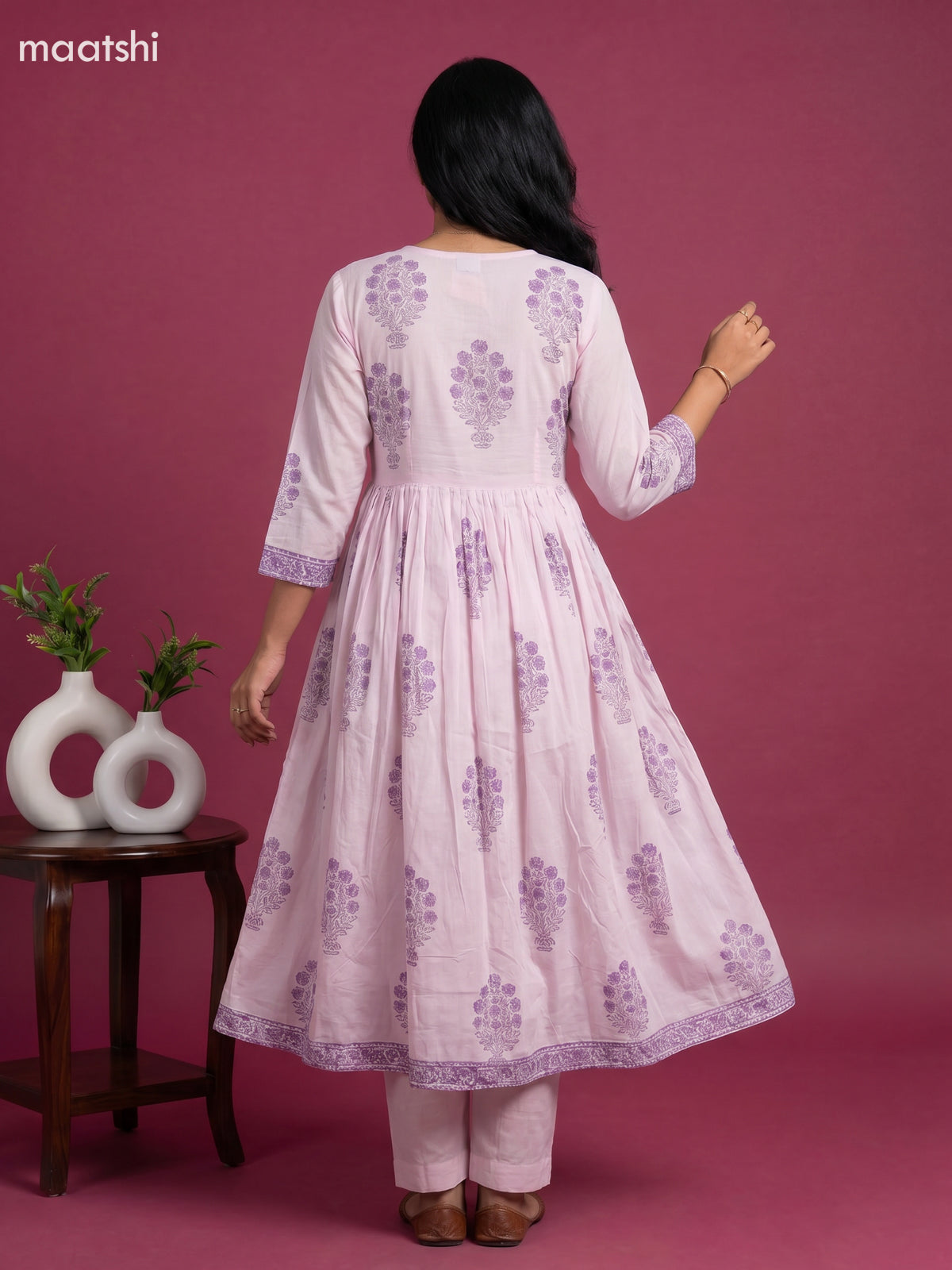 Baby Pink and Purple Cotton Floral Printed Anarkali Suit