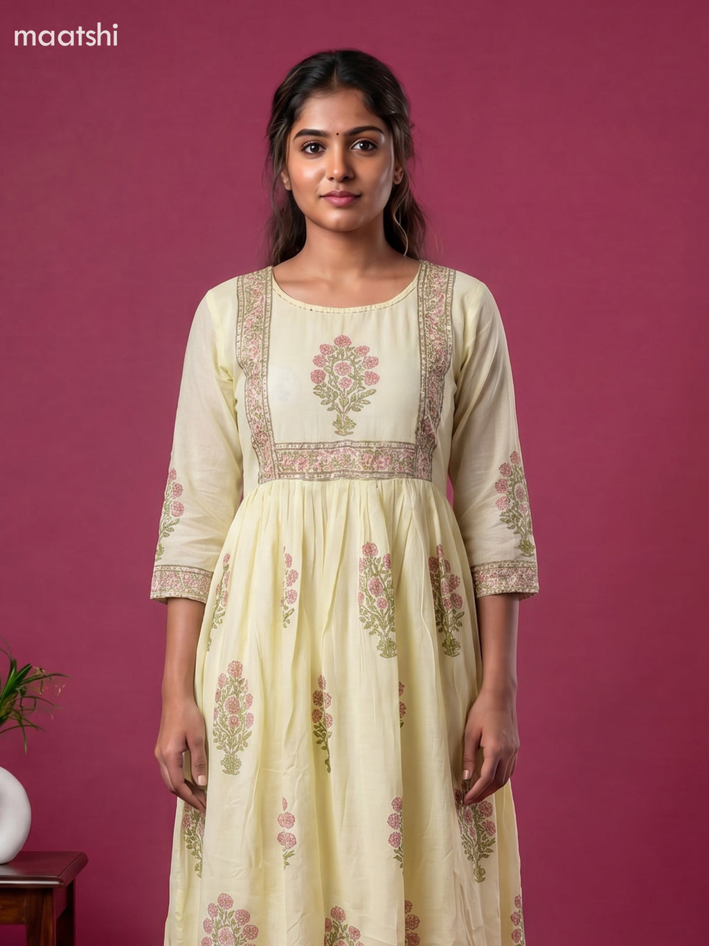 Pale Yellow Cotton Floral Printed Anarkali Suit