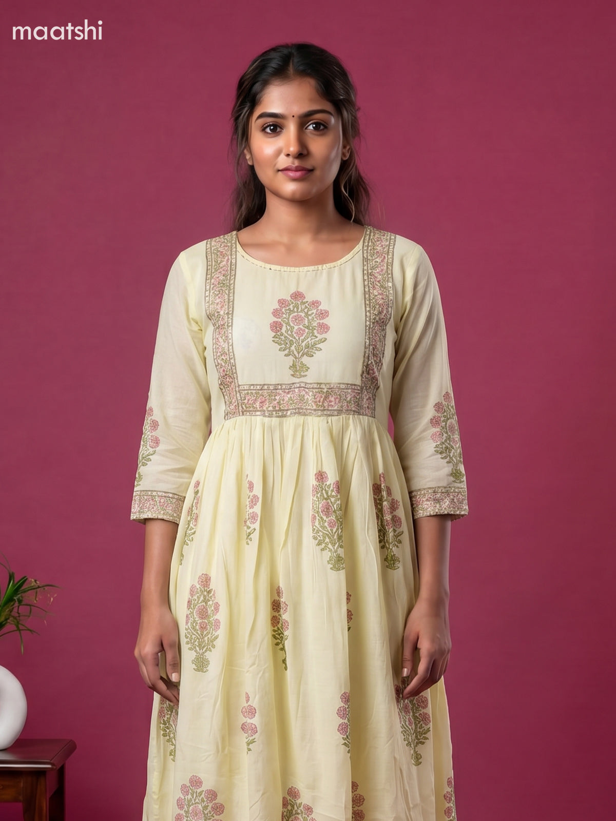 Pale Yellow Cotton Floral Printed Anarkali Suit