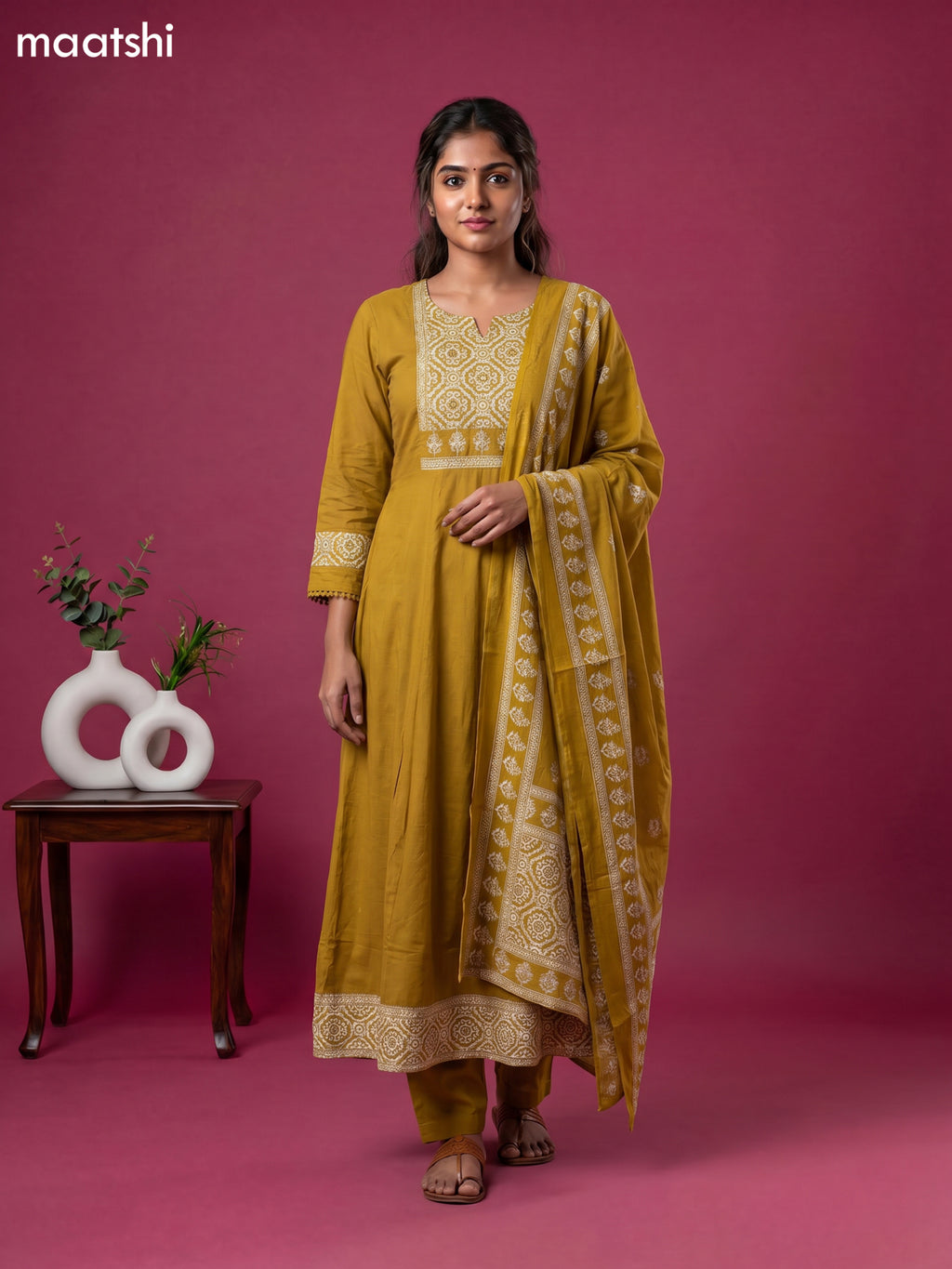 Musted Yellow Cotton Printed Neck Pattern Anarkali Suit