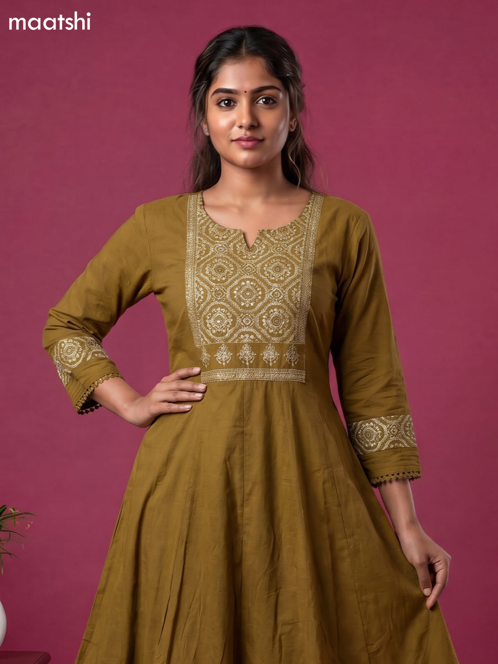 Musted Yellow Cotton Printed Neck Pattern Anarkali Suit