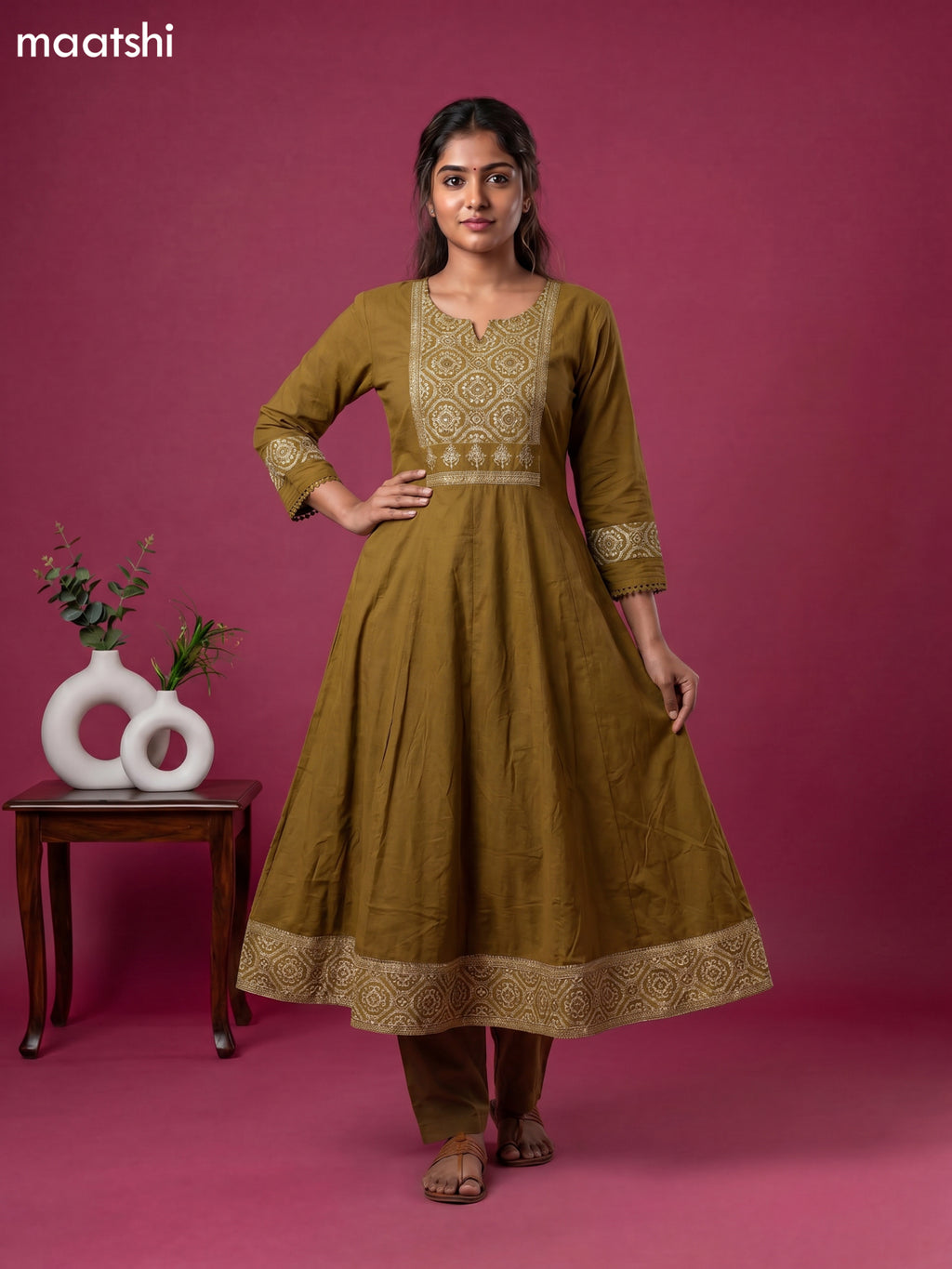 Musted Yellow Cotton Printed Neck Pattern Anarkali Suit