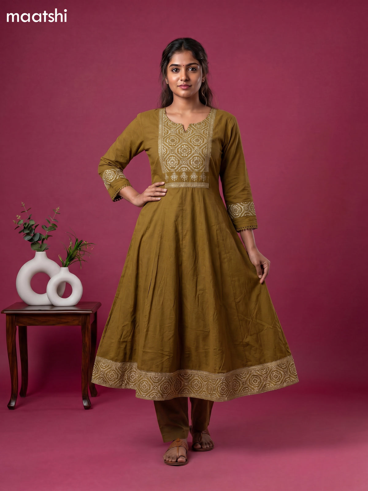 Musted Yellow Cotton Printed Neck Pattern Anarkali Suit