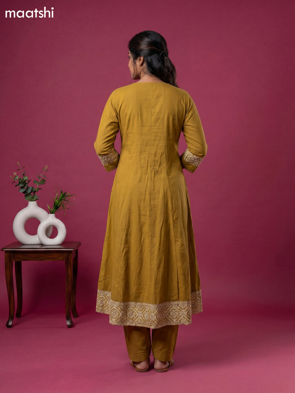 Musted Yellow Cotton Printed Neck Pattern Anarkali Suit