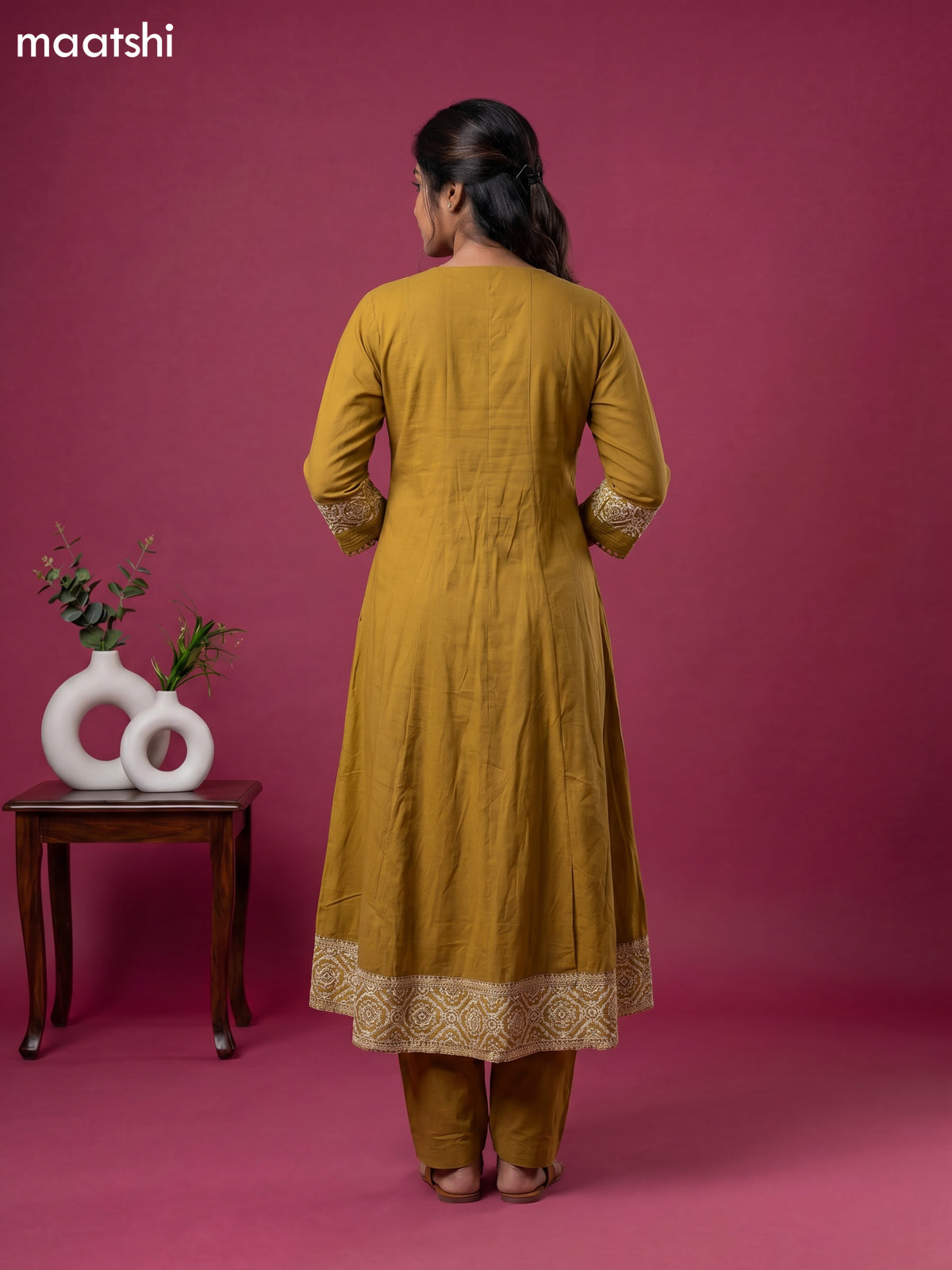 Musted Yellow Cotton Printed Neck Pattern Anarkali Suit