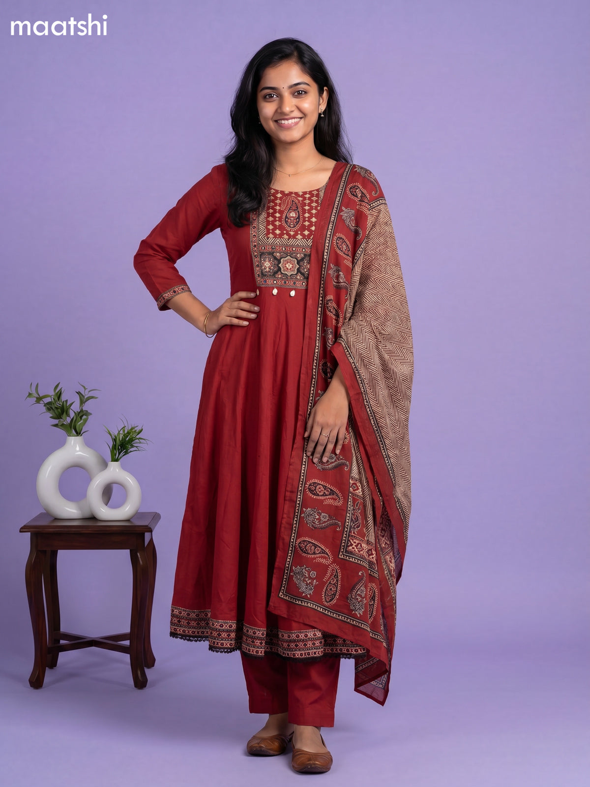 Maroon Cotton Printed Neck Pattern Anarkali Suit
