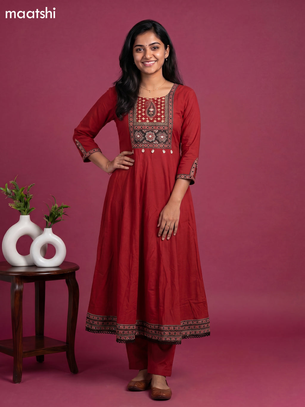 Maroon Cotton Printed Neck Pattern Anarkali Suit