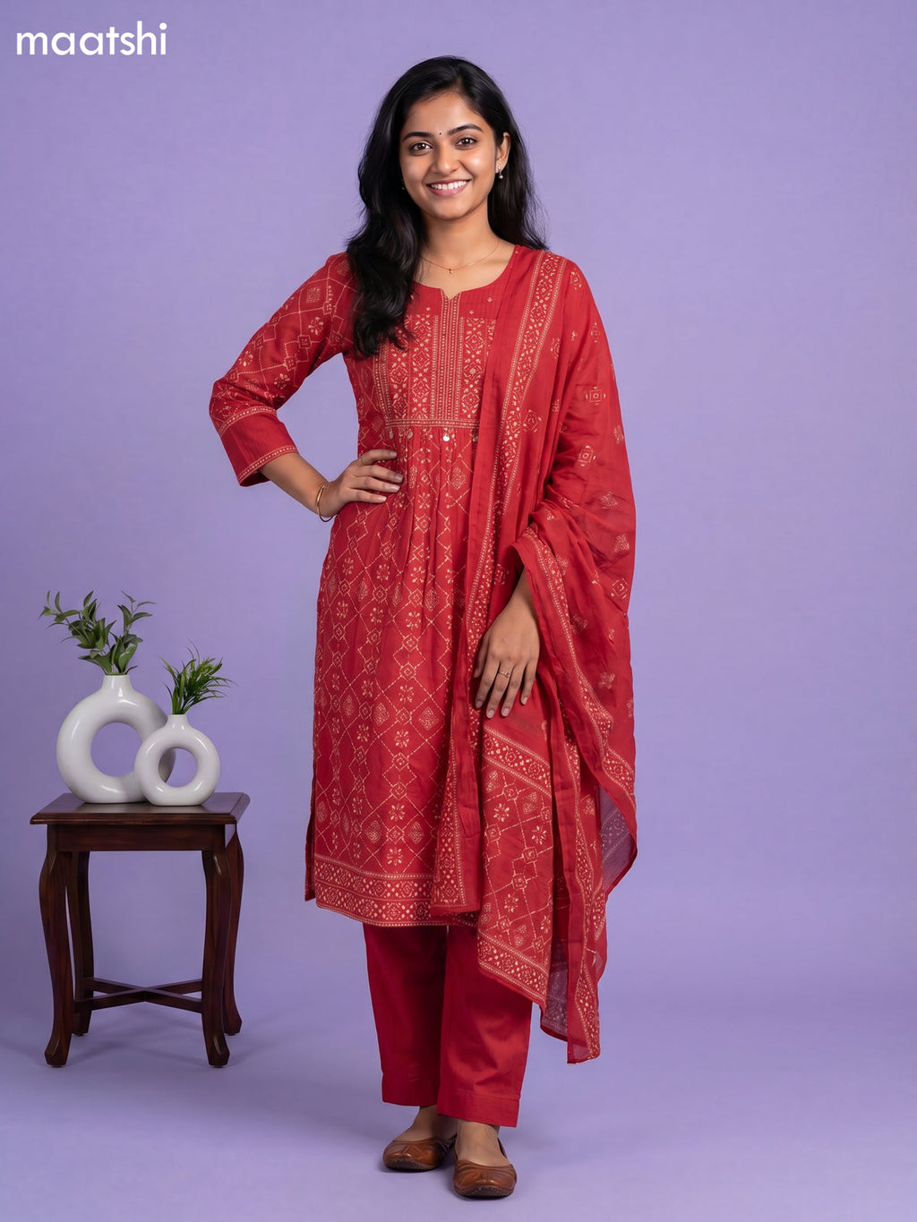 Red Cotton Printed & Simple Embroidery Work Straight Suit