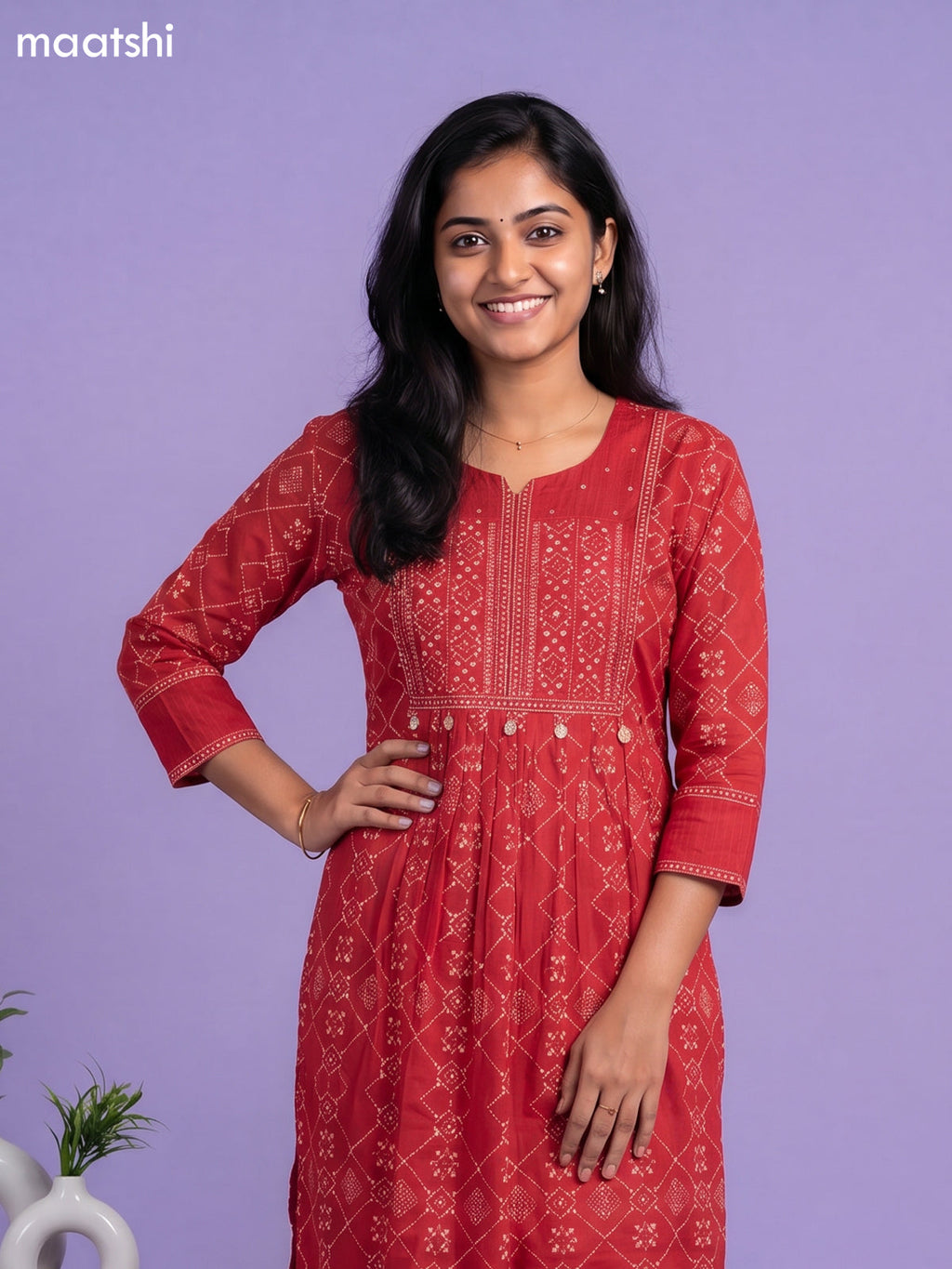 Red Cotton Printed & Simple Embroidery Work Straight Suit