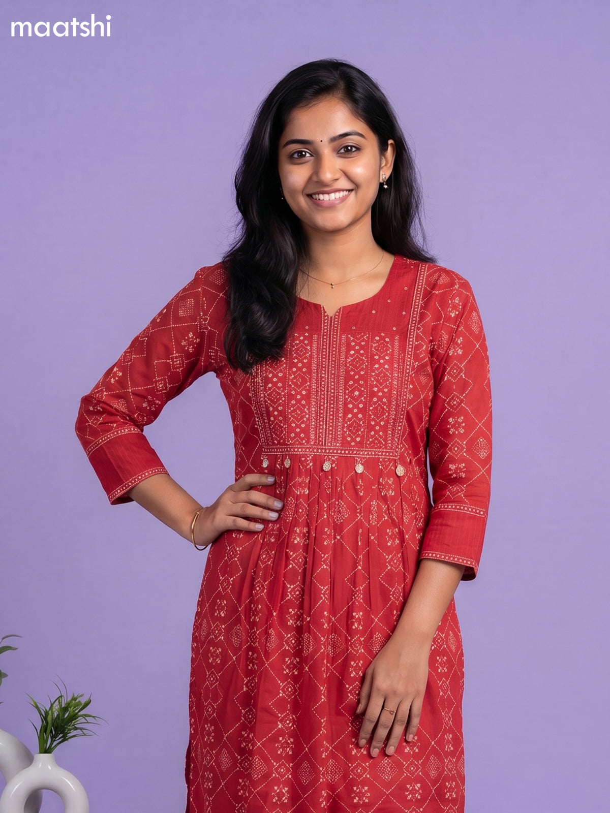 Red Cotton Printed & Simple Embroidery Work Straight Suit
