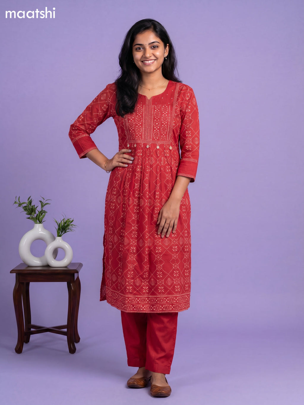 Red Cotton Printed & Simple Embroidery Work Straight Suit