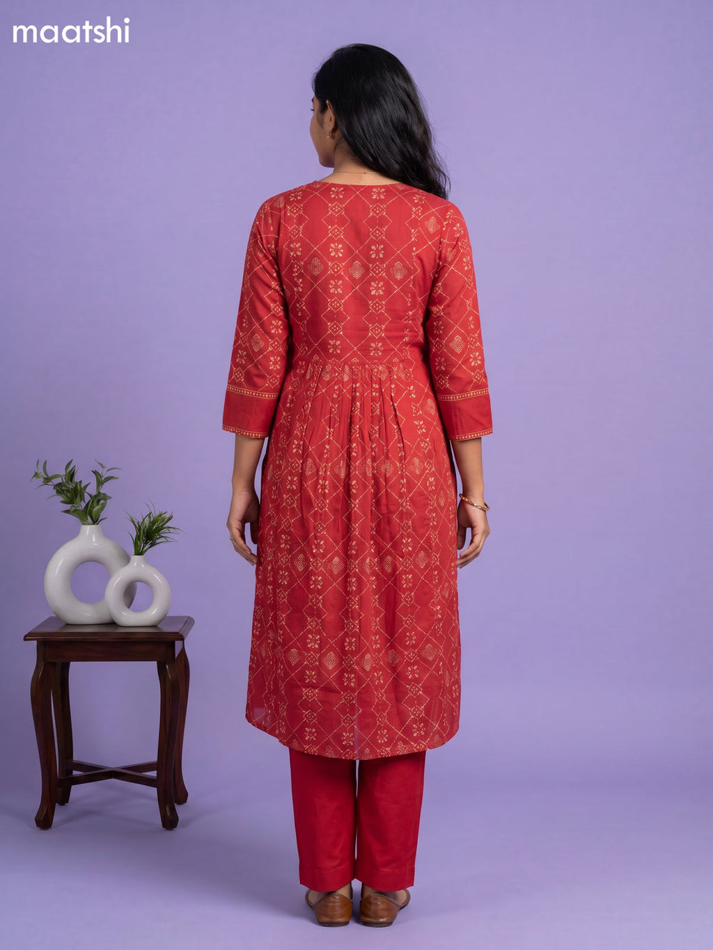 Red Cotton Printed & Simple Embroidery Work Straight Suit