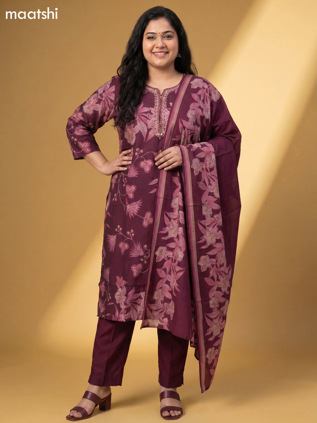 Purple Modal Printed & Simple Embroidery Work Straight Suit