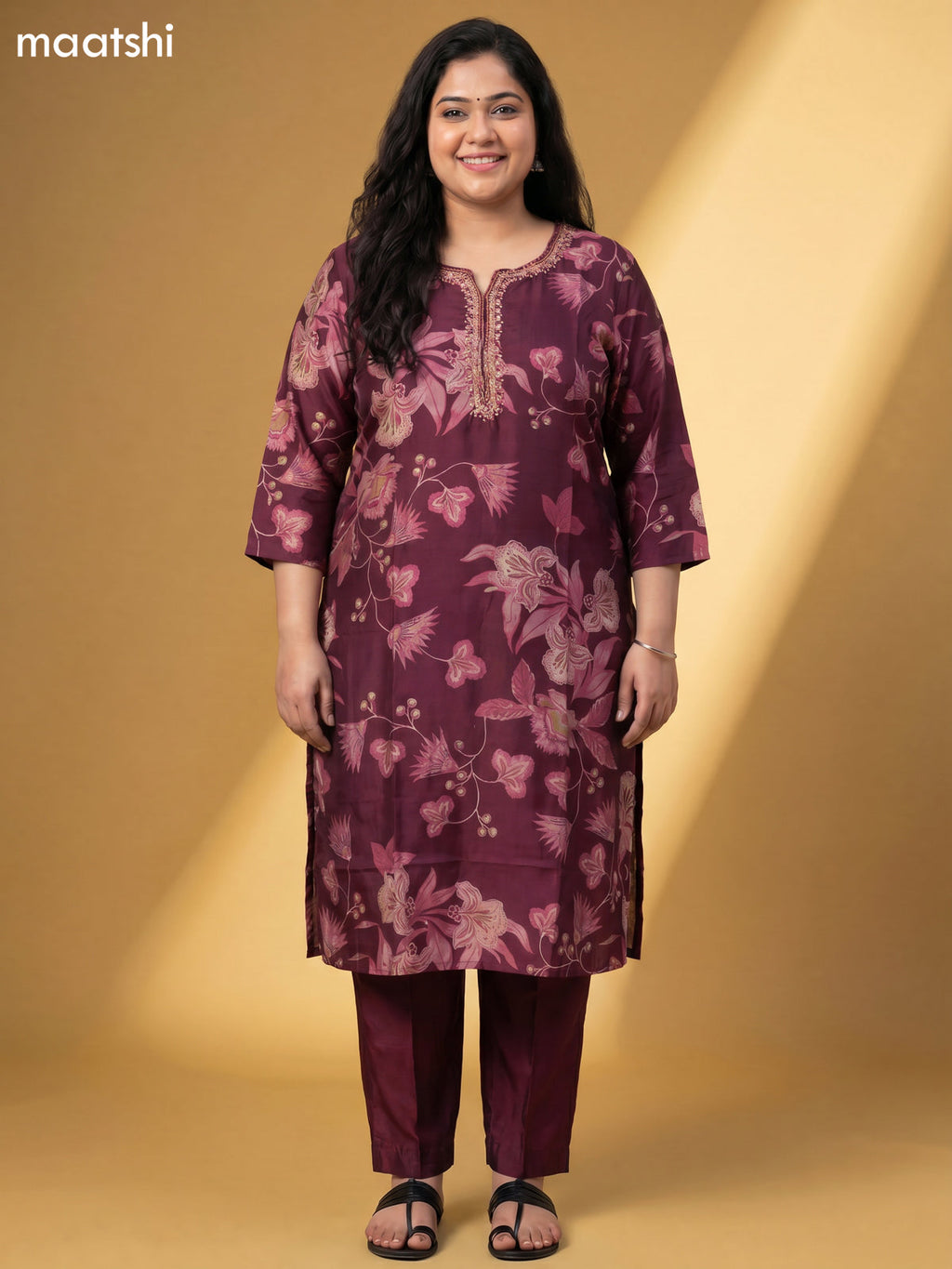 Purple Modal Printed & Simple Embroidery Work Straight Suit