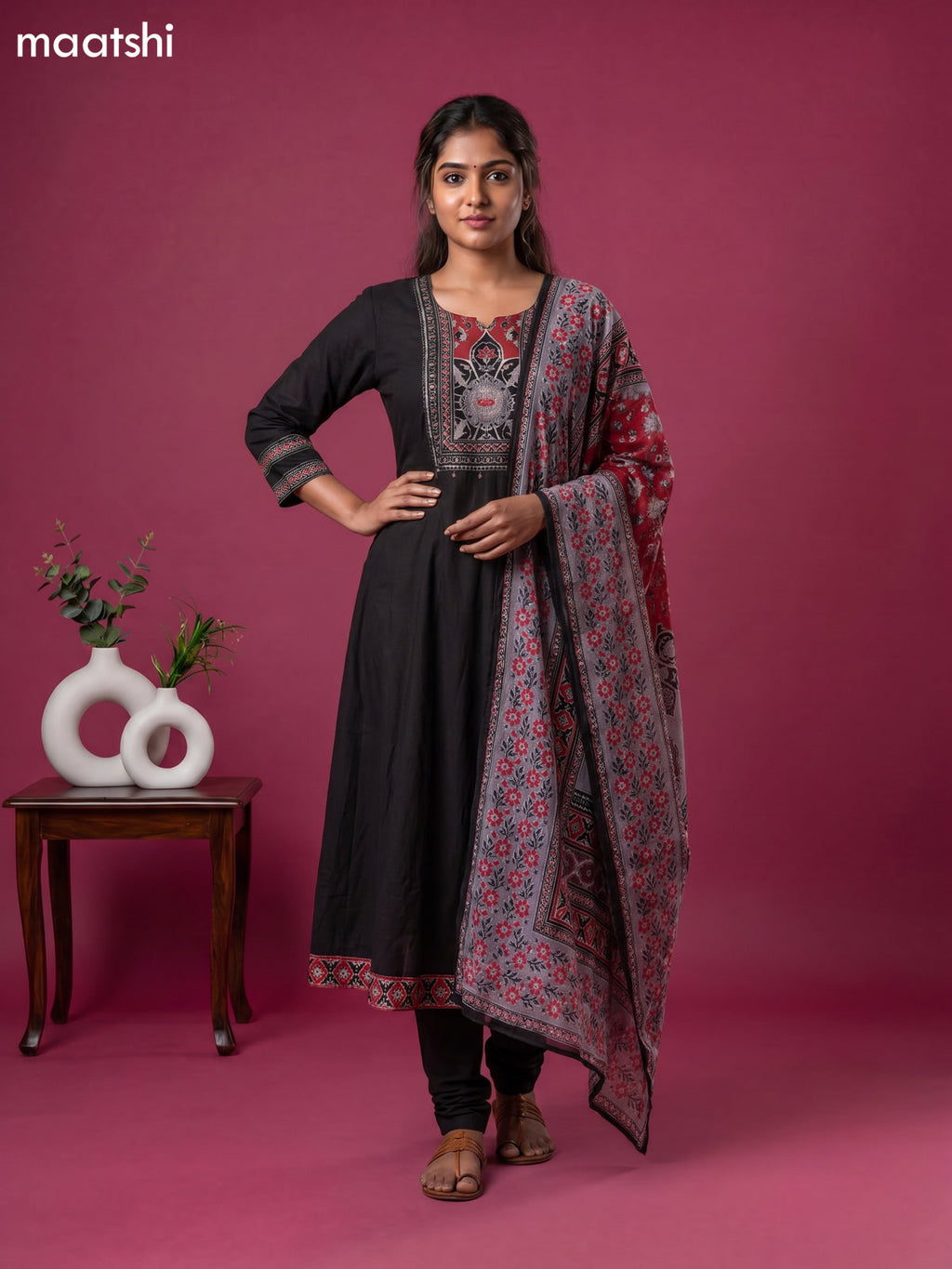 Black Cotton Printed & Simple Embroidery Work Anarkali Suit