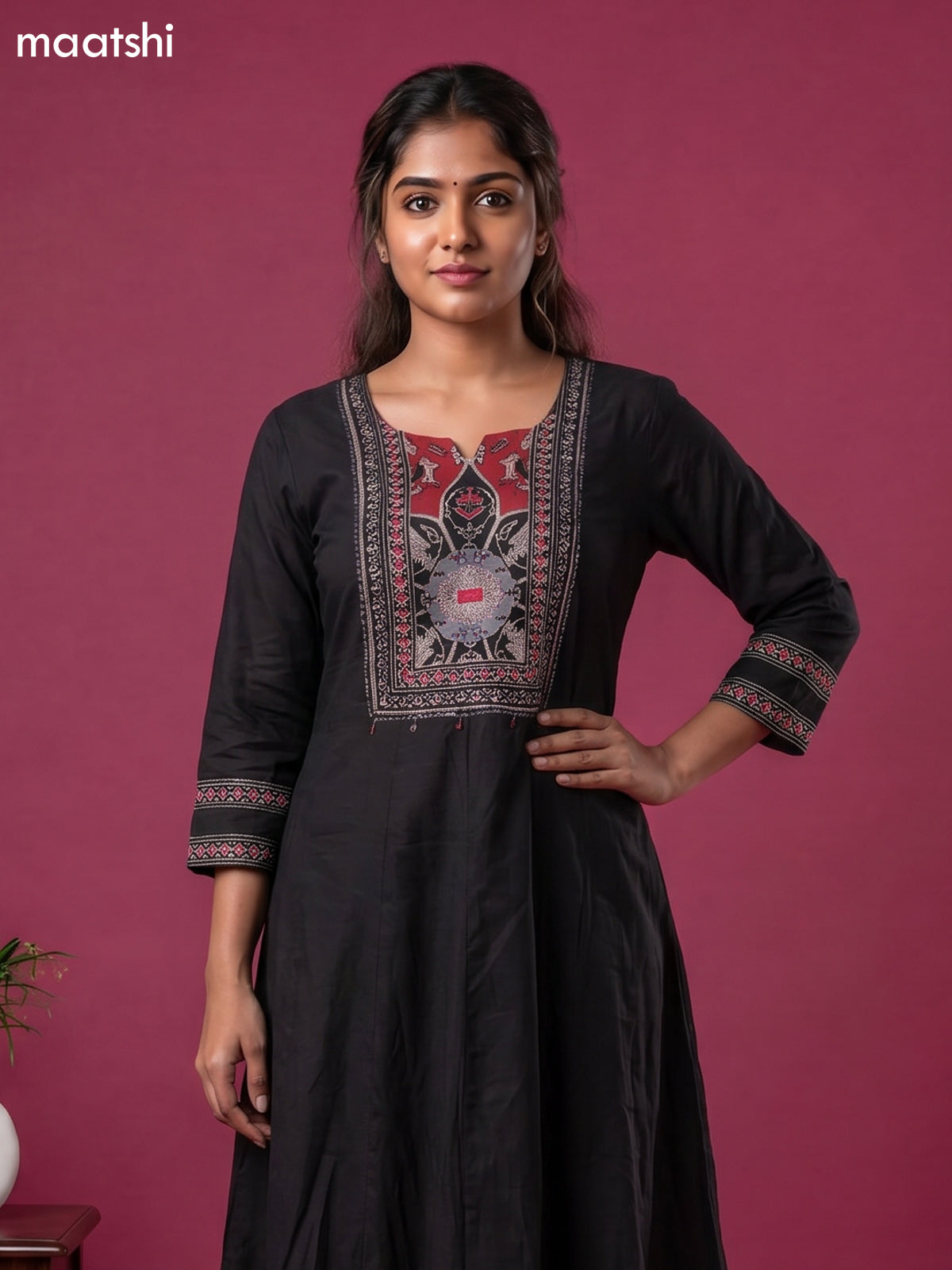 Black Cotton Printed & Simple Embroidery Work Anarkali Suit
