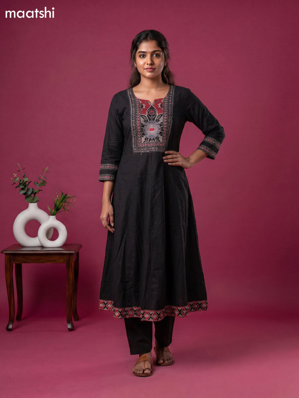 Black Cotton Printed & Simple Embroidery Work Anarkali Suit